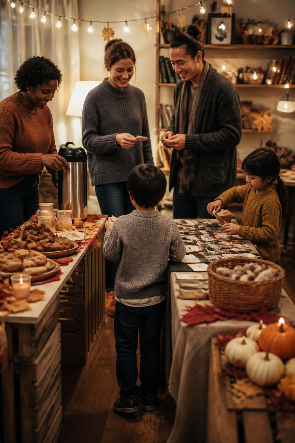 Image Prompt: A cozy living room transformed into a small indoor autumn night market, three handmade stalls built from narrow tables and wooden crates offering apple pastries, warm drinks, handmade bookmarks and small craft games, strings of battery-powered lights overhead, fabric leaves and mini pumpkins used sparingly as decorations, four adults and two children exchanging homemade paper tokens, one Black woman serving spiced apple drinks from a thermos, layered sweaters, natural laughter and candid movement, realistic food textures, warm evening lamp light, editorial DSLR lifestyle photography, 35mm lens, no readable signs, no logos, no text overlay.