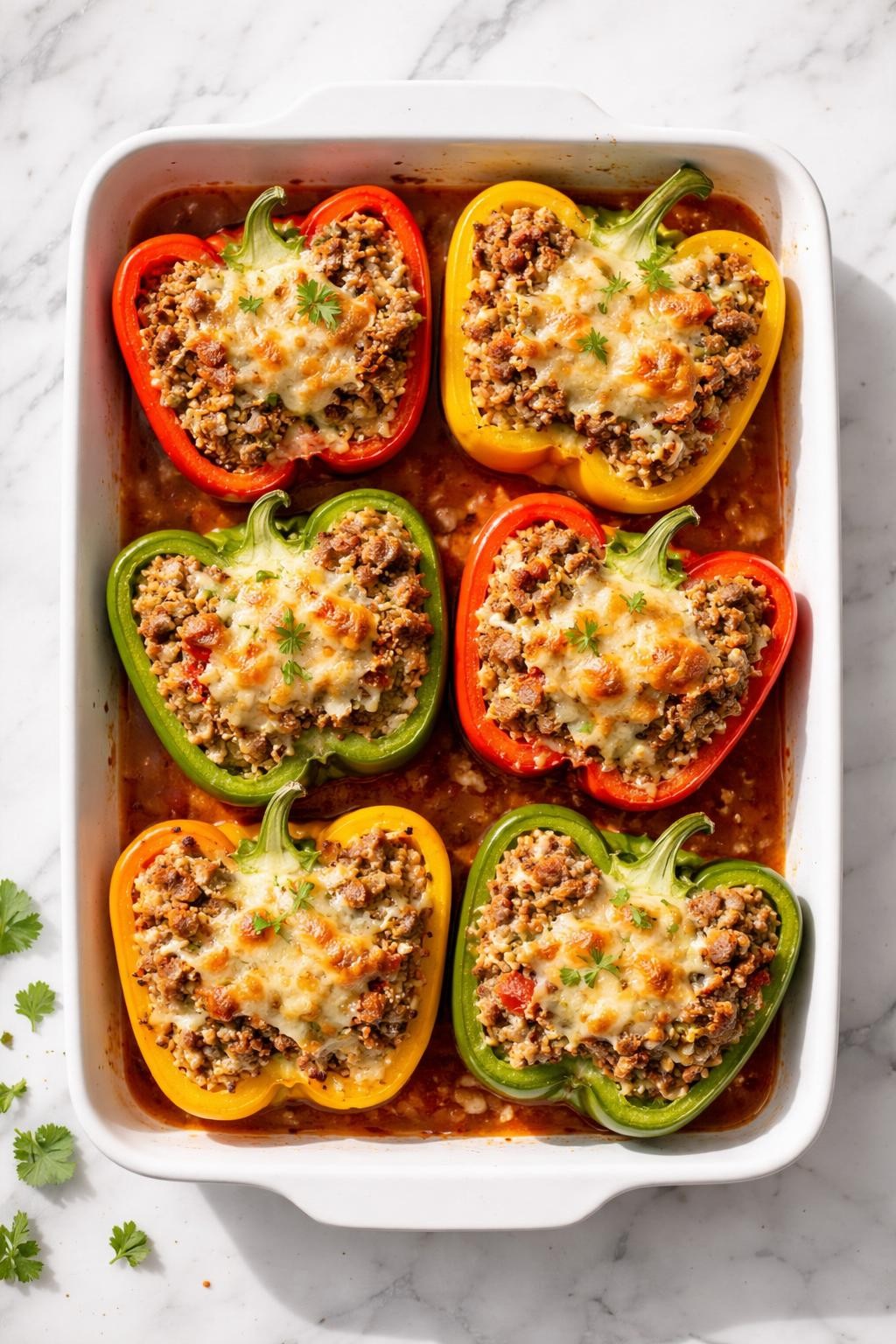 Prompt: Top-down realistic editorial food photography of meatloaf stuffed bell peppers in a baking dish on a clean white marble countertop, halved bell peppers filled with chopped leftover meatloaf, rice, tomato sauce, and melted cheese, lightly browned tops and colorful homemade presentation, bright natural daylight, soft shadows, clean composition, high detail, realistic food texture, no people, no hands, no text, no watermarks, no props with writing.
