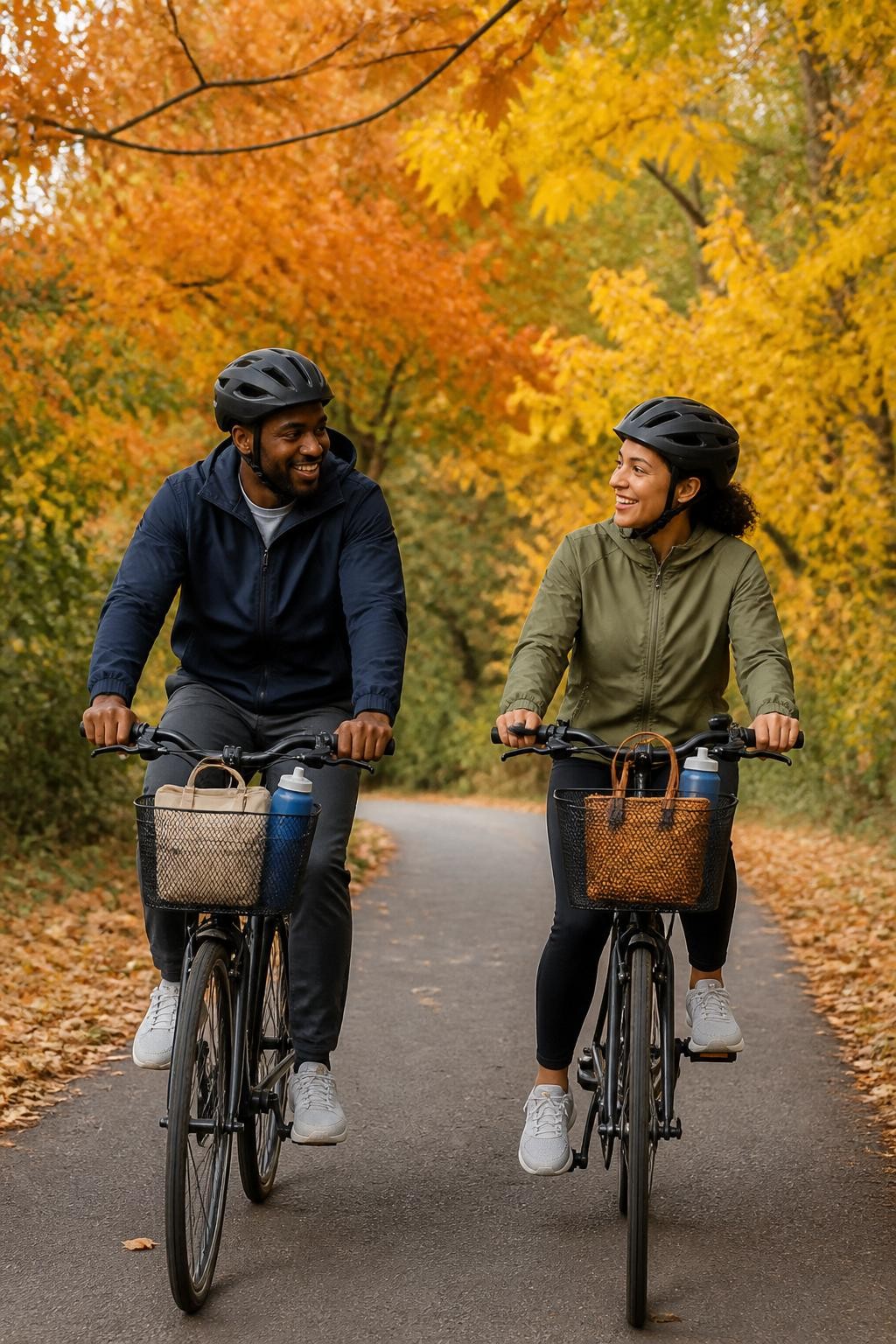 Image Prompt: Two adults cycling along a paved tree-lined trail in fall, one Black man in a navy jacket and helmet riding beside a woman in an olive windbreaker, baskets attached to the bikes holding water bottles and a small picnic bag, bright yellow and orange leaves overhead, dry path, cool crisp air, natural movement, editorial outdoor sports photography, 35mm lens, no logos, no text overlay.