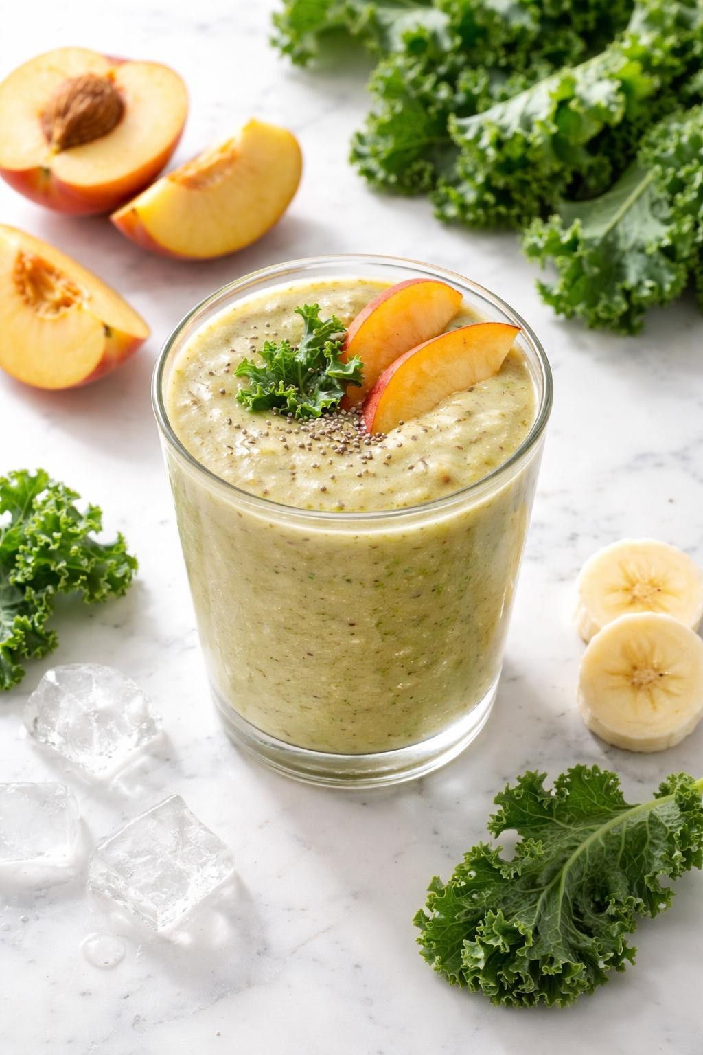 Realistic top-down editorial food photography of a creamy peach kale smoothie in a clear glass on a white marble countertop. The smoothie is pale green with a soft peach tint, styled with peach slices, kale leaves, banana slices, and a few ice cubes nearby. Bright natural window lighting, clean summer breakfast styling, realistic smoothie texture, high detail, no people, no hands, no text, no watermarks, no props with writing.