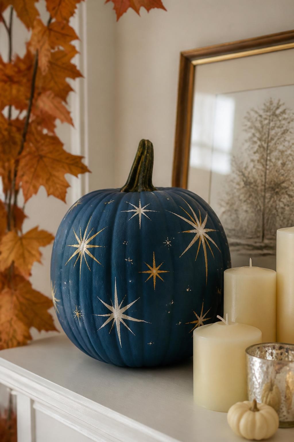 Horizontal 16:9 iPhone photograph of a deep muted blue real pumpkin covered with simple hand-painted starburst shapes in warm white and antique gold, starbursts in slightly different sizes with thin imperfect lines, arranged on a mantel beside cream candles, a small framed print, and dried orange leaves, soft late-afternoon daylight, realistic subtle metallic reflection, homey fall setting, no glitter overload, no text.