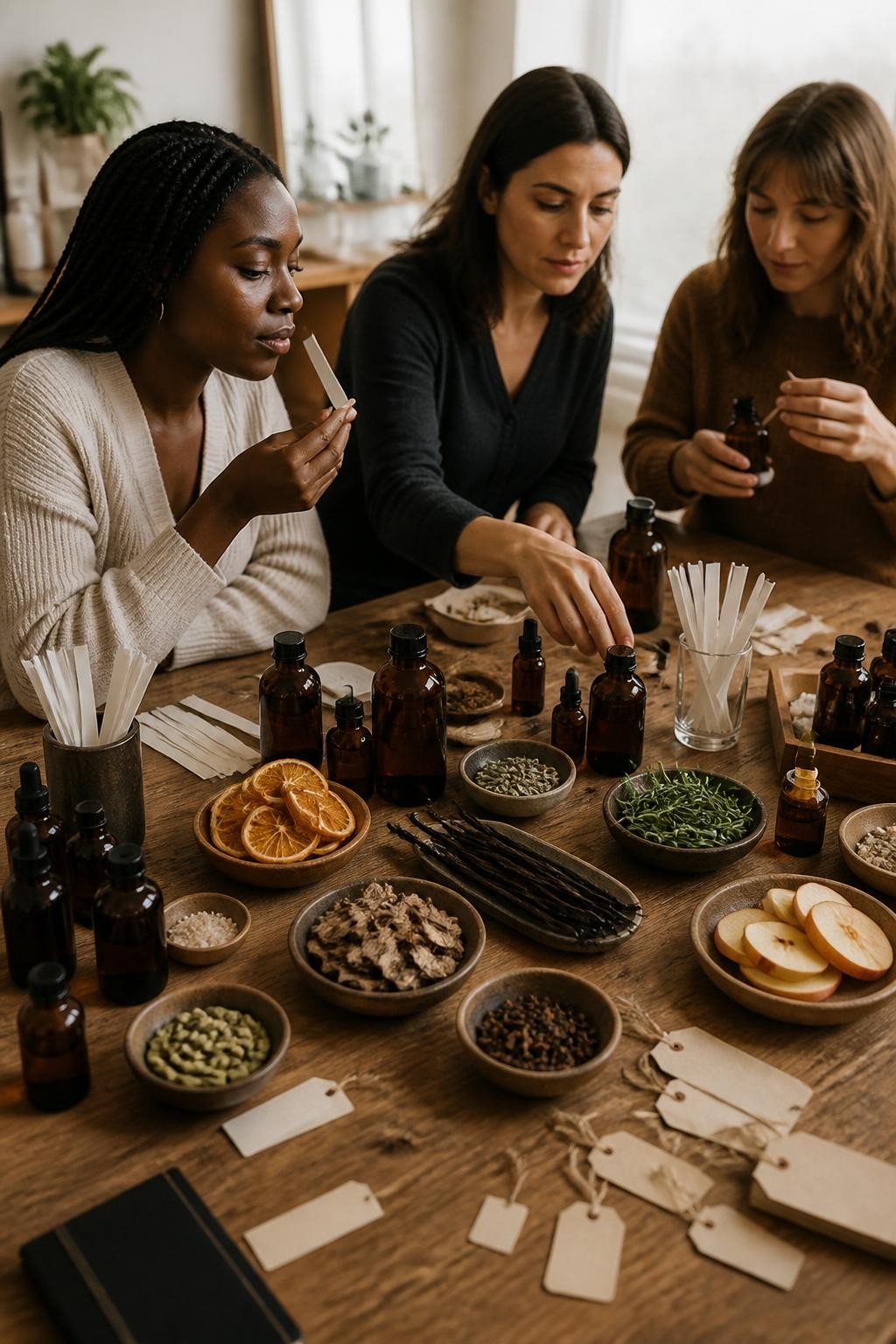 Image Prompt: A refined home fragrance workshop on a large wooden dining table, amber bottles, small bowls of dried orange peel, cedar chips, cardamom, clove, rosemary, vanilla pods and apple slices, paper scent strips and handwritten-style blank labels, three adult women testing combinations, one with deep brown skin and long braids wearing a cream cardigan, natural concentration and conversation, soft window light, realistic ingredient textures and slight spills, editorial DSLR close-up photography, no commercial branding, no readable text.