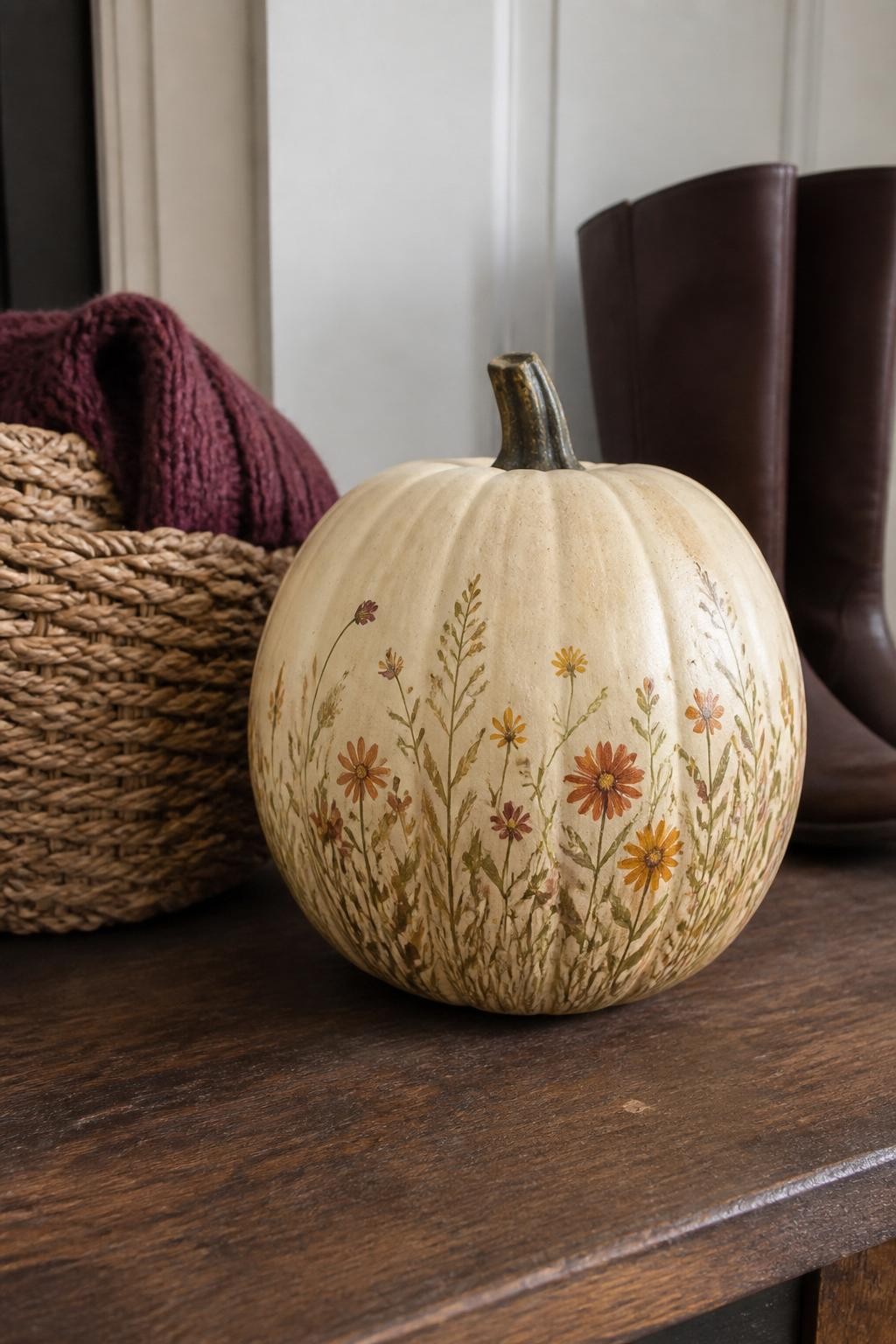 Horizontal 16:9 casual iPhone camera photo of a pale beige ceramic pumpkin painted with a continuous fall meadow around the lower half, featuring rust wildflowers, mustard seed heads, olive grasses, burgundy berries, and small brown stems, placed on an entryway bench beside a woven basket, boots, and a folded knit blanket, cloudy natural daylight, authentic hand-painted details, slight unevenness, no studio setup, no text.