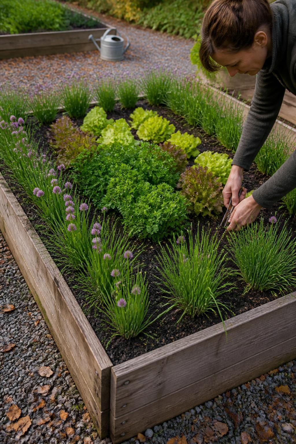 Image Prompt: A realistic rectangular wooden raised bed edged with evenly spaced clumps of green chives, a few pale purple chive flowers still open, the center of the bed planted with parsley and cool-season lettuce, dark rich soil, a gardener trimming one chive clump with small scissors, gravel path with scattered rust-colored leaves, clear soft autumn daylight, organized but natural kitchen garden, DSLR photography, 45-degree angle, highly detailed, no text.