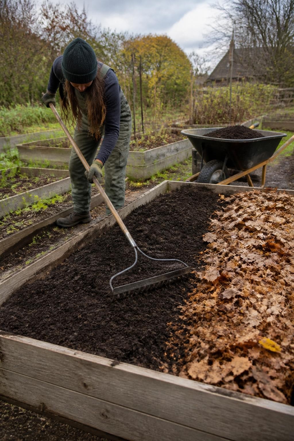 Image Prompt: A realistic fall vegetable garden renovation with a gardener spreading a two-inch layer of finished dark compost across an empty raised bed using a metal rake, nearby wheelbarrow filled with crumbly compost, one side of the bed already covered with shredded autumn leaves as mulch, faded tomato supports and harvested vegetable stems in the background, natural cloudy daylight, worn wooden raised beds, damp soil, practical working garden rather than a styled display, editorial DSLR photograph, 35mm lens, detailed texture, no text.