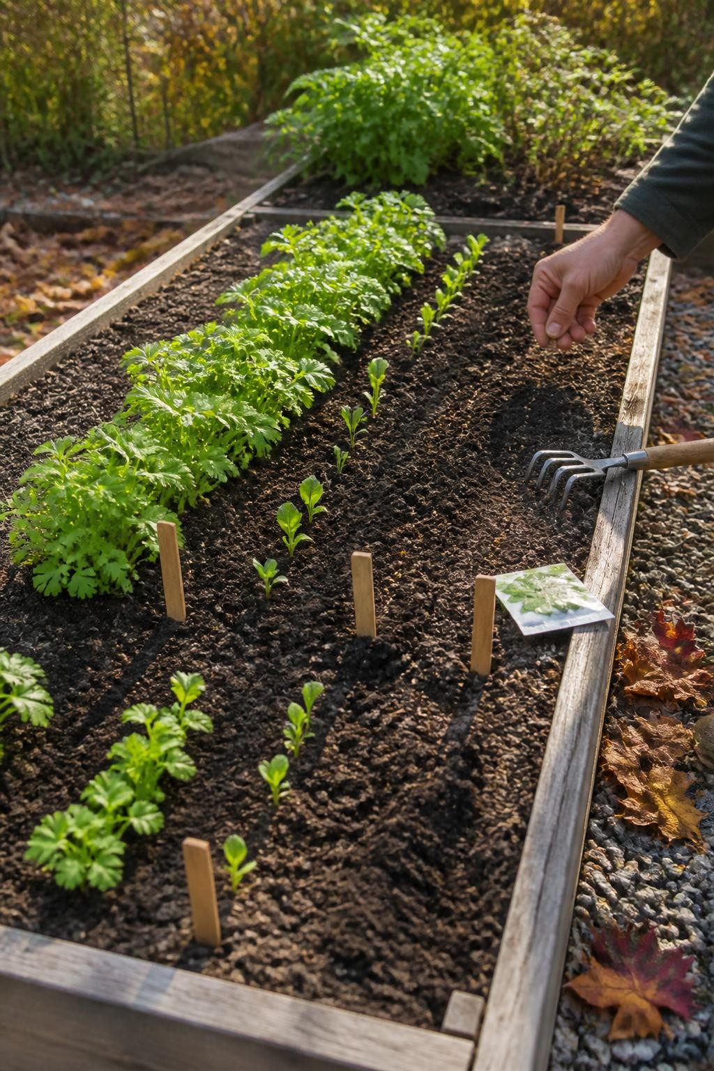 Image Prompt: A realistic narrow raised herb bed in early fall with several short rows of cilantro at different growth stages, from tiny seedlings to mature leafy plants, simple wooden markers showing separate sowing sections, a gardener gently scattering seeds into one newly prepared row, loose dark soil, small metal hand rake and seed packet beside the bed, scattered autumn leaves along a gravel path, soft early-morning sunlight, practical home garden setting, DSLR editorial photography, 45-degree angle, no text.