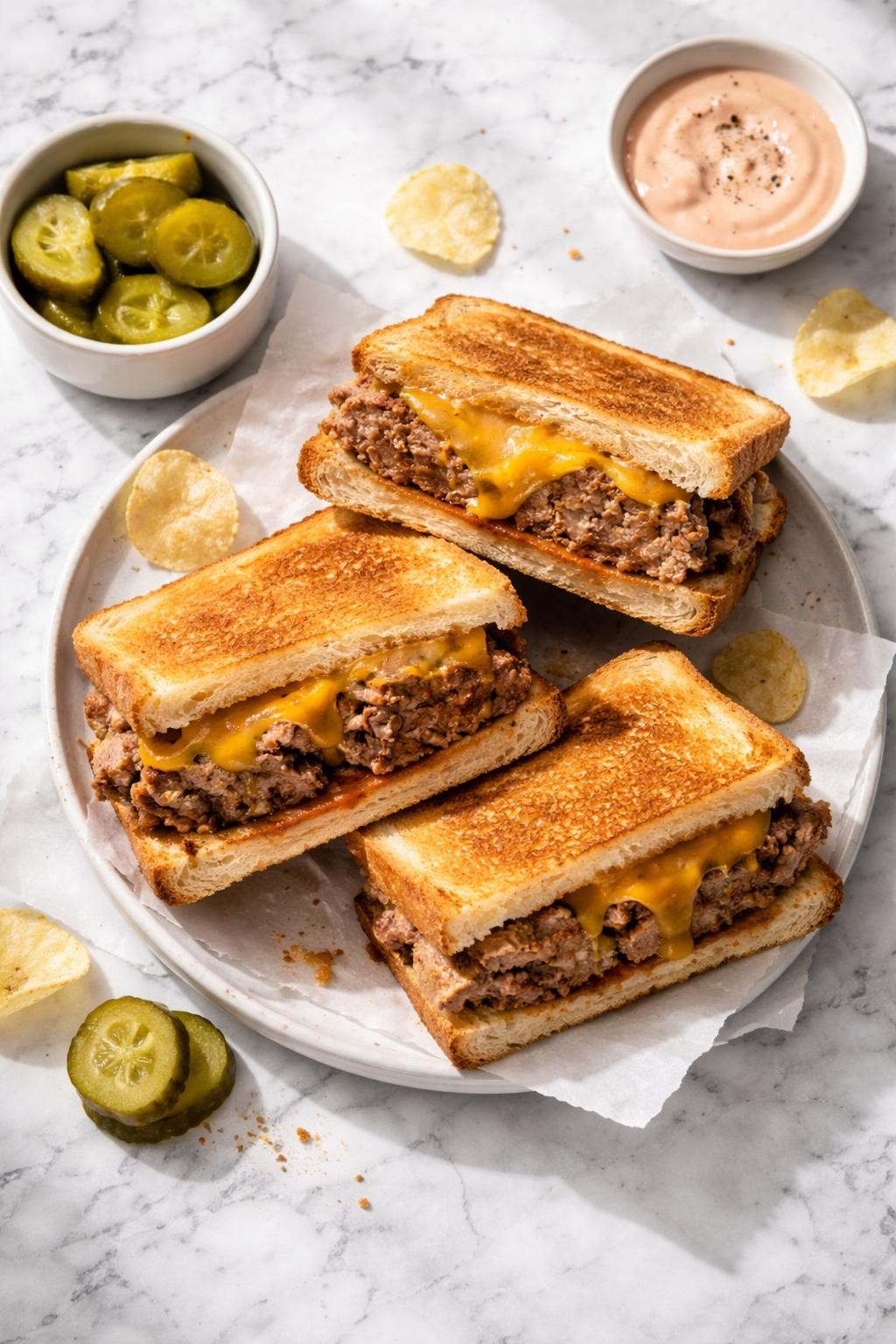 Prompt: Top-down realistic editorial food photography of meatloaf sandwich melts on a clean white and gray marble countertop, toasted sandwich bread filled with thick slices of leftover meatloaf, melted cheddar cheese, and a light spread of sauce, cut in half with the filling visible, warm homemade lunch mood, bright natural window lighting, soft shadows, clean composition, high detail, realistic food texture, no people, no hands, no text, no watermarks, no props with writing.