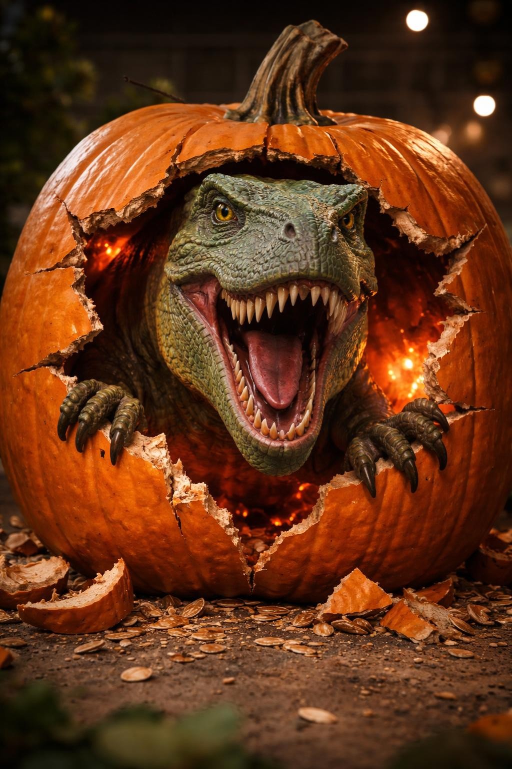 Image Prompt: A large orange pumpkin with a dramatic torn opening across the front, fierce green Tyrannosaurus rex head bursting outward, open mouth filled with sharp white teeth, textured skin, small claws gripping the pumpkin edges, broken shell fragments scattered around the base, warm red light glowing inside, exciting family-friendly dinosaur contest display, cinematic side lighting, realistic DSLR photography, highly detailed handmade construction, no people, no text.