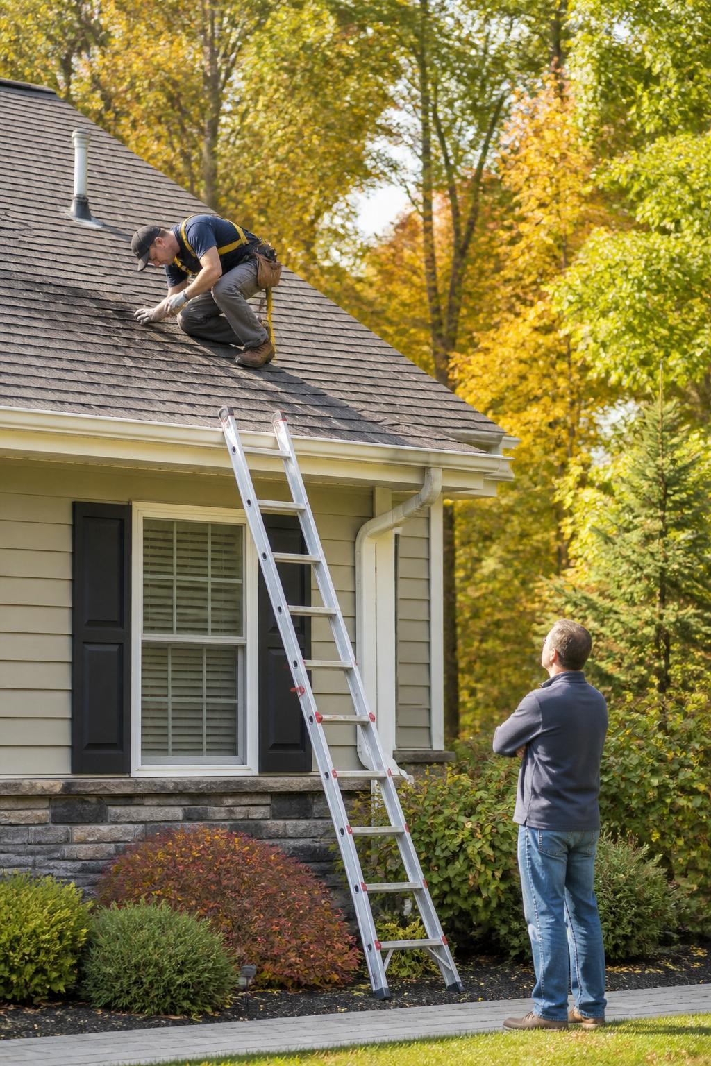 Image Prompt: A highly realistic exterior home-maintenance photograph showing a qualified roofing professional inspecting an asphalt-shingle roof on a clear early-fall morning, wearing a safety harness and practical work clothing, carefully examining a small area of lifted shingles near a roof vent, detached suburban house surrounded by trees with early amber and green leaves, homeowner observing safely from ground level, extension ladder secured on firm level ground, clean gutters visible along the roof edge, natural sunlight with soft shadows, accurate roof construction, believable body proportions and safety equipment, professional full-frame DSLR photography with a 70mm lens from a safe distance, crisp architectural detail, natural colors without heavy filters, trustworthy home-improvement magazine quality, no dangerous posing, no brand logos, no text, no watermarks on images.