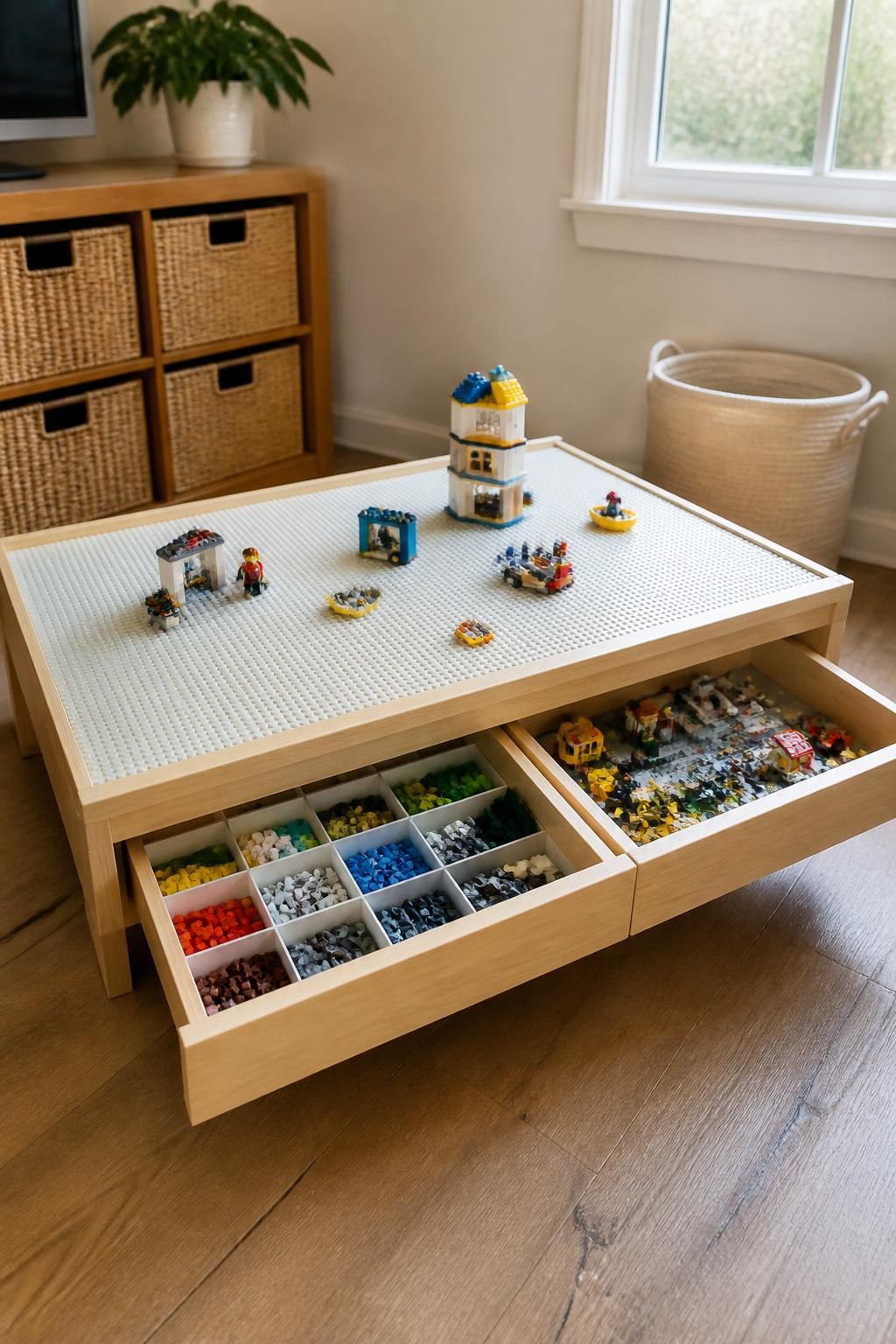 Image prompt: A low rolling play table with a building surface on top and two shallow pull-out drawers underneath containing sorted building blocks and finished small creations, photographed with natural iPhone photo quality, soft afternoon window light, realistic colorful plastic pieces and slight floor marks, practical family room setup, wheels safely tucked beneath the table, no children visible, no logos, no watermarks on images.