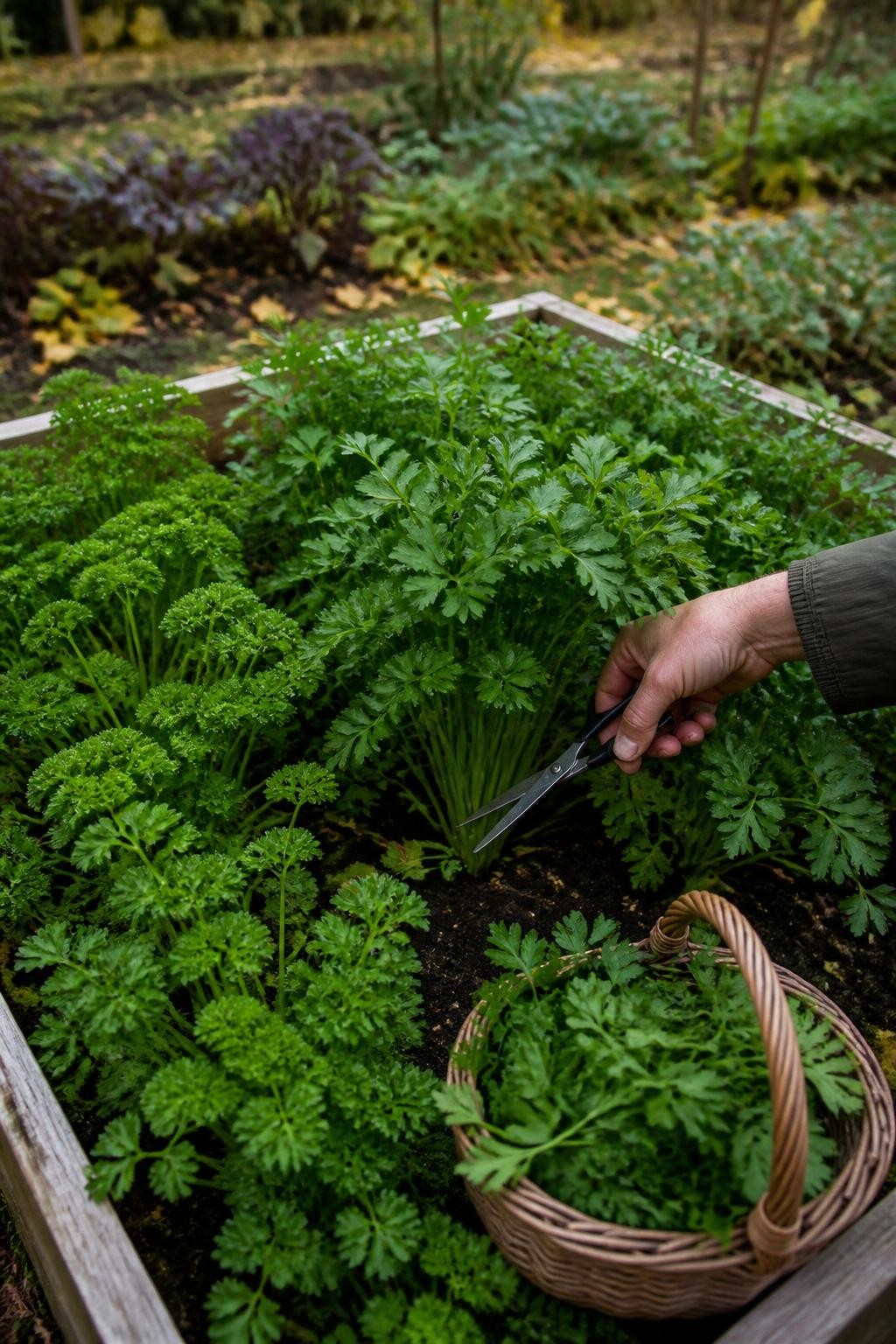 Image Prompt: A realistic fall raised garden bed filled with neat but natural rows of curly parsley and flat-leaf parsley, a gardener’s hand using clean scissors to cut mature outer stems close to the base, a small woven basket holding freshly harvested parsley, dark compost-rich soil visible between plants, faded vegetable beds and scattered yellow leaves in the background, cool overcast morning light, authentic backyard kitchen garden, natural foliage texture, DSLR photography, 50mm lens, highly detailed, no text.