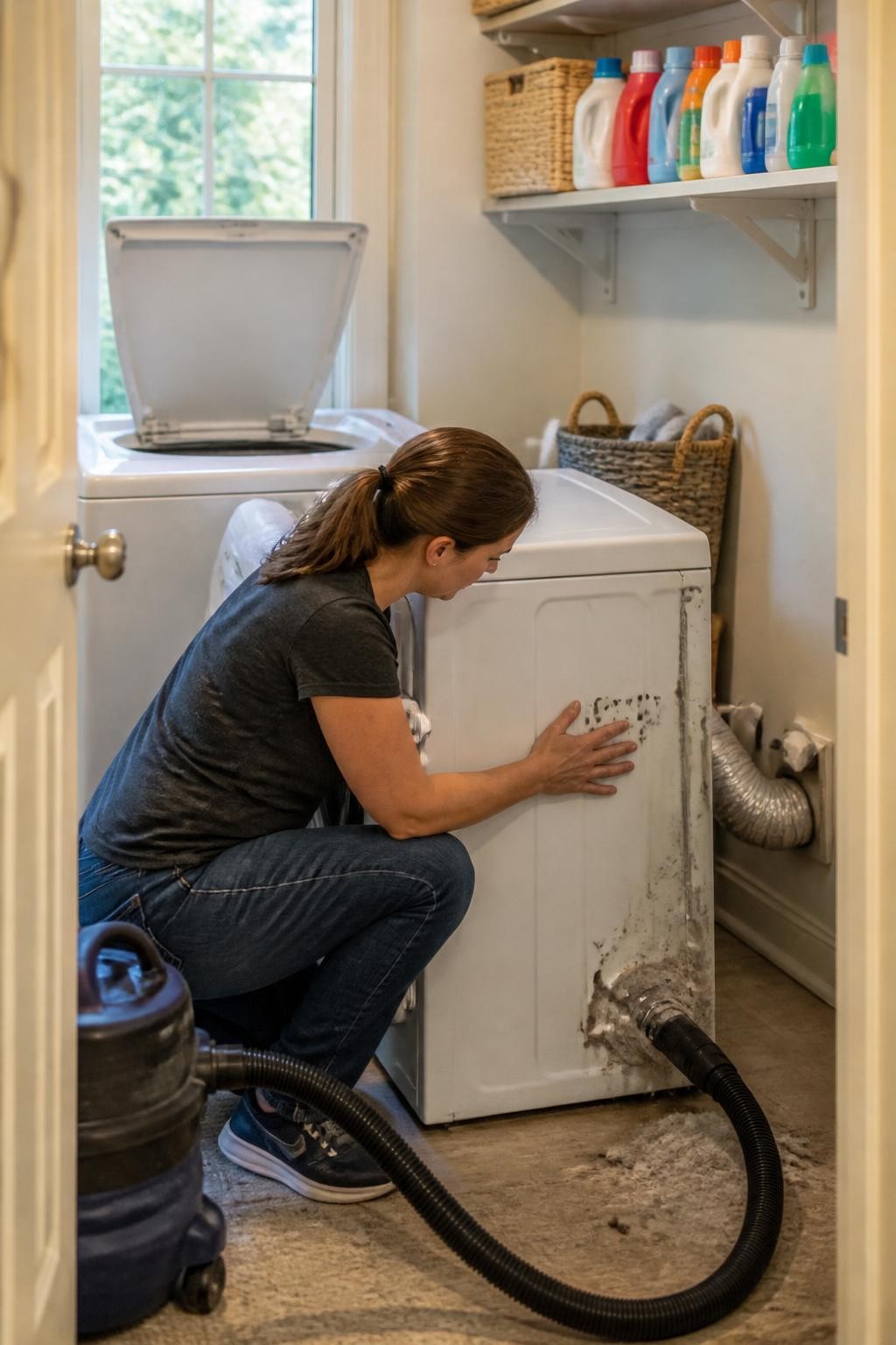 Image Prompt: A highly realistic laundry room maintenance photograph showing a woman gently pulling a dryer away from the wall to inspect the vent hose, with a vacuum hose ready to remove lint, washing machine lid open for cleaning, detergent bottles arranged neatly on a shelf, woven laundry baskets, warm utility lighting mixed with natural window light, realistic appliance scale, accurate posture and body proportions, detailed lint and dust without looking dirty or unsafe, professional DSLR image with a 35mm lens, practical home care editorial style, no readable brand labels, no text, no watermarks on images.
