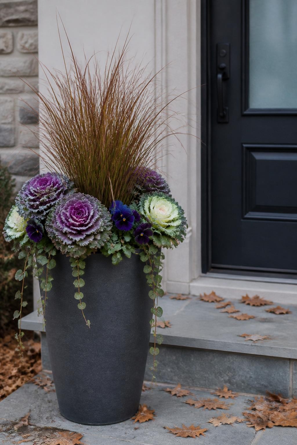 Image Prompt: A realistic tall charcoal-gray planter beside a modern front entrance, planted with upright bronze carex grass in the center, large ornamental cabbage rosettes in purple and creamy green around the middle, deep plum pansies filling gaps, and small trailing wire vine spilling over the rim, subtle frost on a few leaf edges, natural autumn leaves on a stone step, cool early-morning light, clean but achievable home exterior, accurate plant scale and texture, human DSLR editorial photography, 50mm lens, no text.