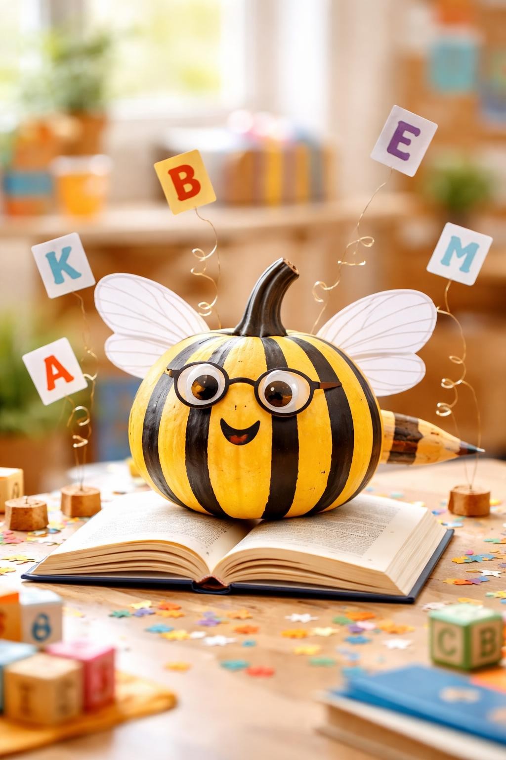 Image Prompt: A yellow-and-black pumpkin decorated as a cheerful spelling bee, striped body, paper wings, tiny glasses, pencil stinger, small open book beneath it, floating paper letters around the pumpkin on thin wires, classroom contest display, bright natural light, realistic DSLR craft photography, no people, no readable text.