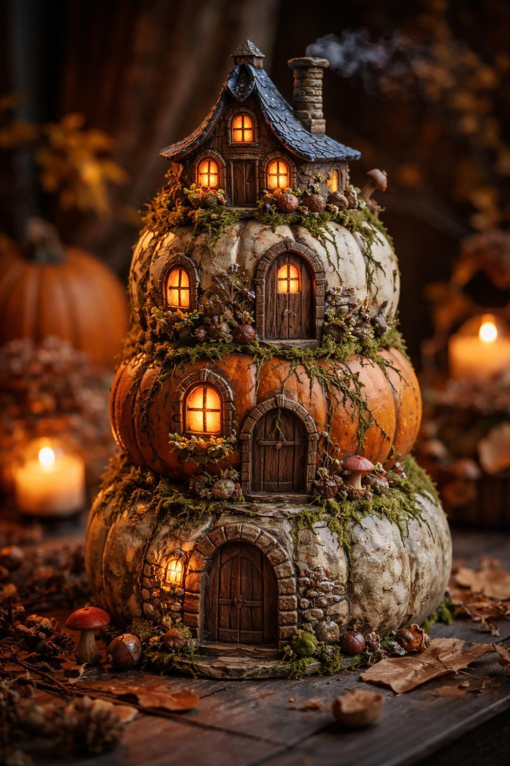 Image Prompt: Three fake pumpkins stacked into a whimsical storybook tower, bottom pumpkin painted like old stone, middle pumpkin painted as a tiny cottage with arched windows and vines, top pumpkin painted as a pointed-roof attic with stars, miniature doors, warm glowing windows, moss, tiny mushrooms, and a crooked chimney, magical autumn tabletop display, soft moody light, realistic DSLR craft photography, detailed handmade finish, no people, no readable text.