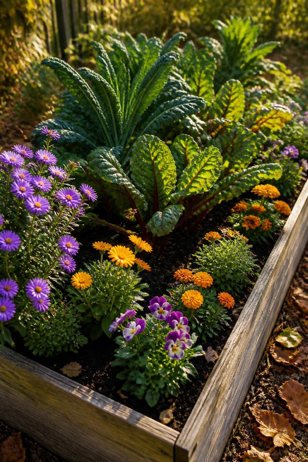 Image Prompt: A realistic fall raised vegetable bed edged with blooming purple asters, golden calendula, blue violas, and compact marigolds planted around mature kale and Swiss chard, several bees visiting the flowers naturally, flowers arranged along the outer edges without crowding the vegetables, rich dark soil, weathered wooden raised bed, warm low autumn sunlight, a few dry leaves scattered on the path, authentic productive home garden, DSLR photography, 70mm lens, highly detailed, no text.