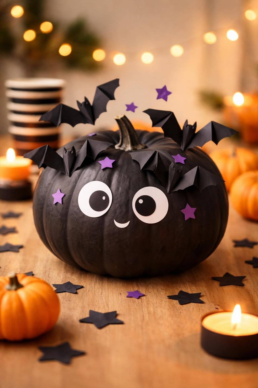 Image Prompt: A matte black pumpkin decorated with several folded black paper bats, wings bent outward to create a three-dimensional flying effect, large friendly white paper eyes on the pumpkin, tiny smiling mouth, purple paper stars scattered between the bats, simple Halloween tabletop setting, warm side lighting, realistic DSLR craft photography, clean child-friendly design, no people, no text.