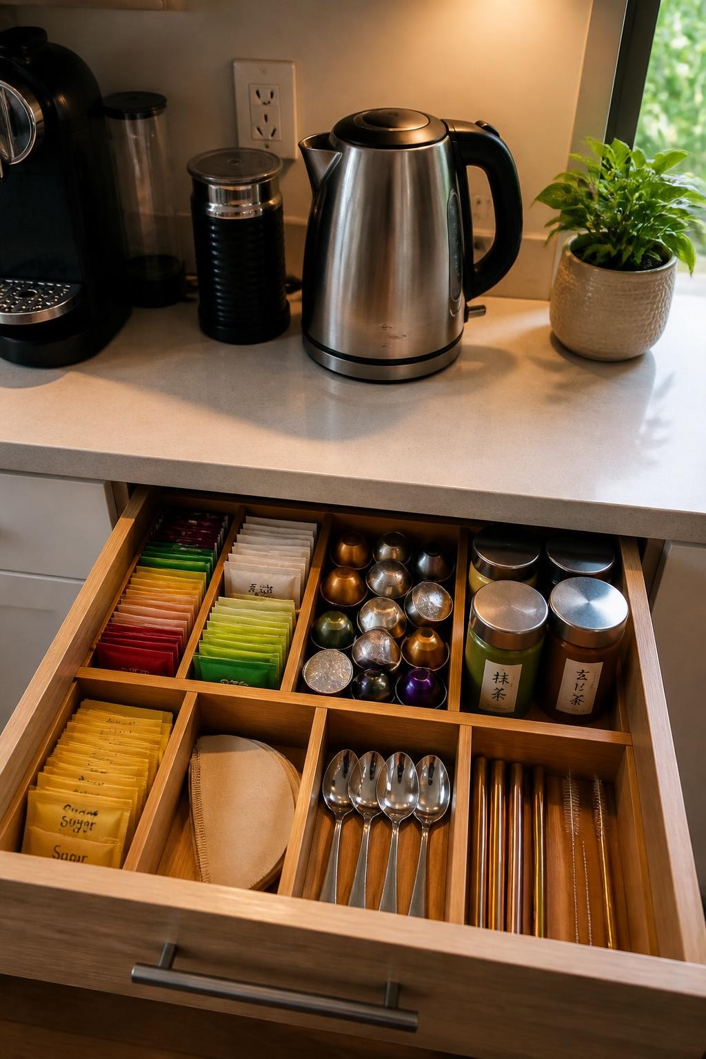Image prompt: Open kitchen drawer beneath a kettle station, divided into sections containing tea bags, coffee pods, loose-leaf tea tins, sugar packets, teaspoons, small filters, and reusable stirrers, photographed with modern iPhone photo quality, soft morning window light, realistic mixed packaging without brands, warm residential kitchen, no hands, no watermarks on images.