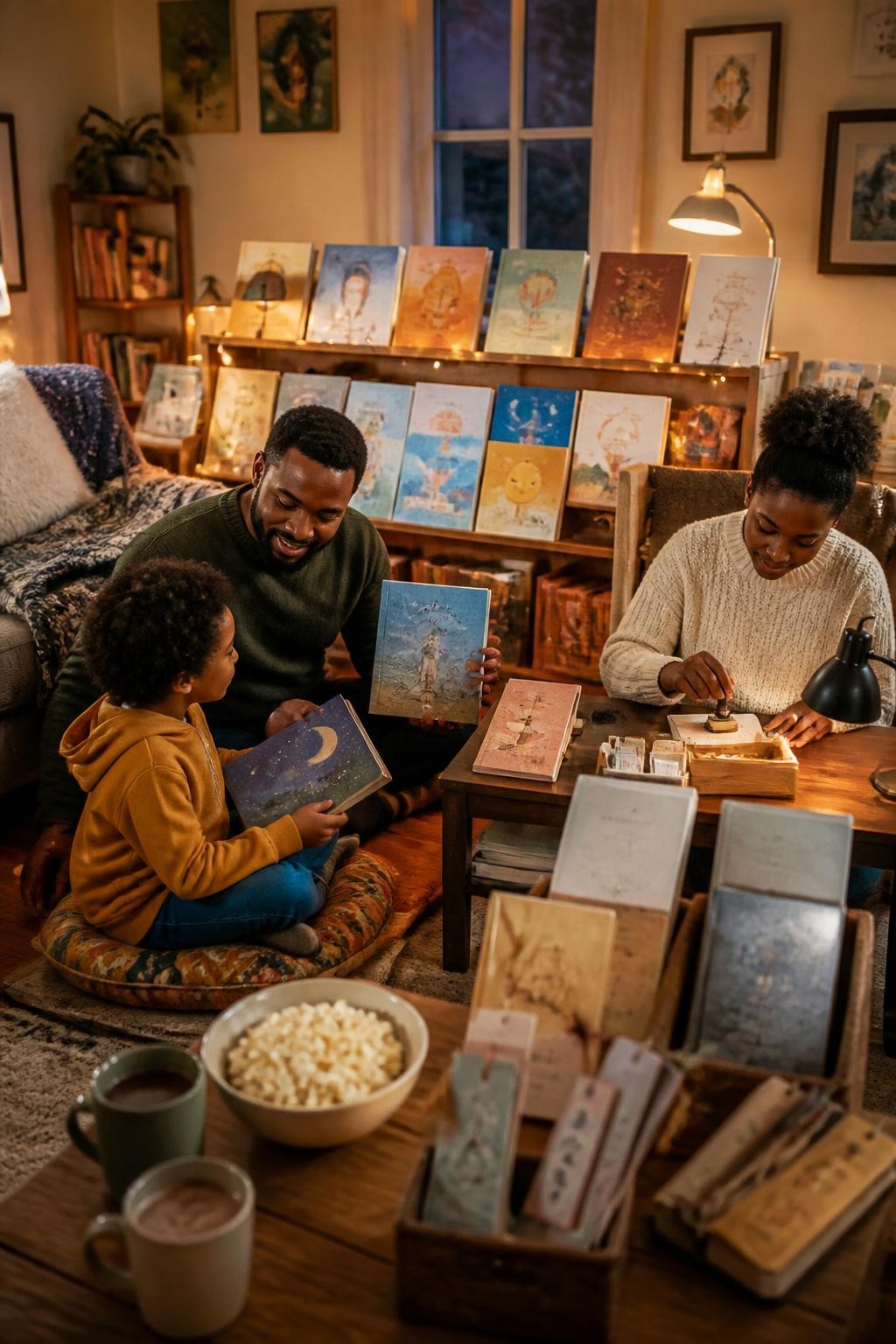 Image Prompt: A cozy family room transformed into a temporary bookshop, books arranged face-out across low shelves and tables, handmade paper bookmarks, reading lamps, floor cushions and a small checkout desk with blank library cards, a Black father helping a child choose between two illustrated books while another family member stamps a card, mugs of cocoa and a bowl of popcorn nearby, warm evening light, natural paper and fabric textures, editorial DSLR lifestyle photography, no readable book titles, no text overlay.