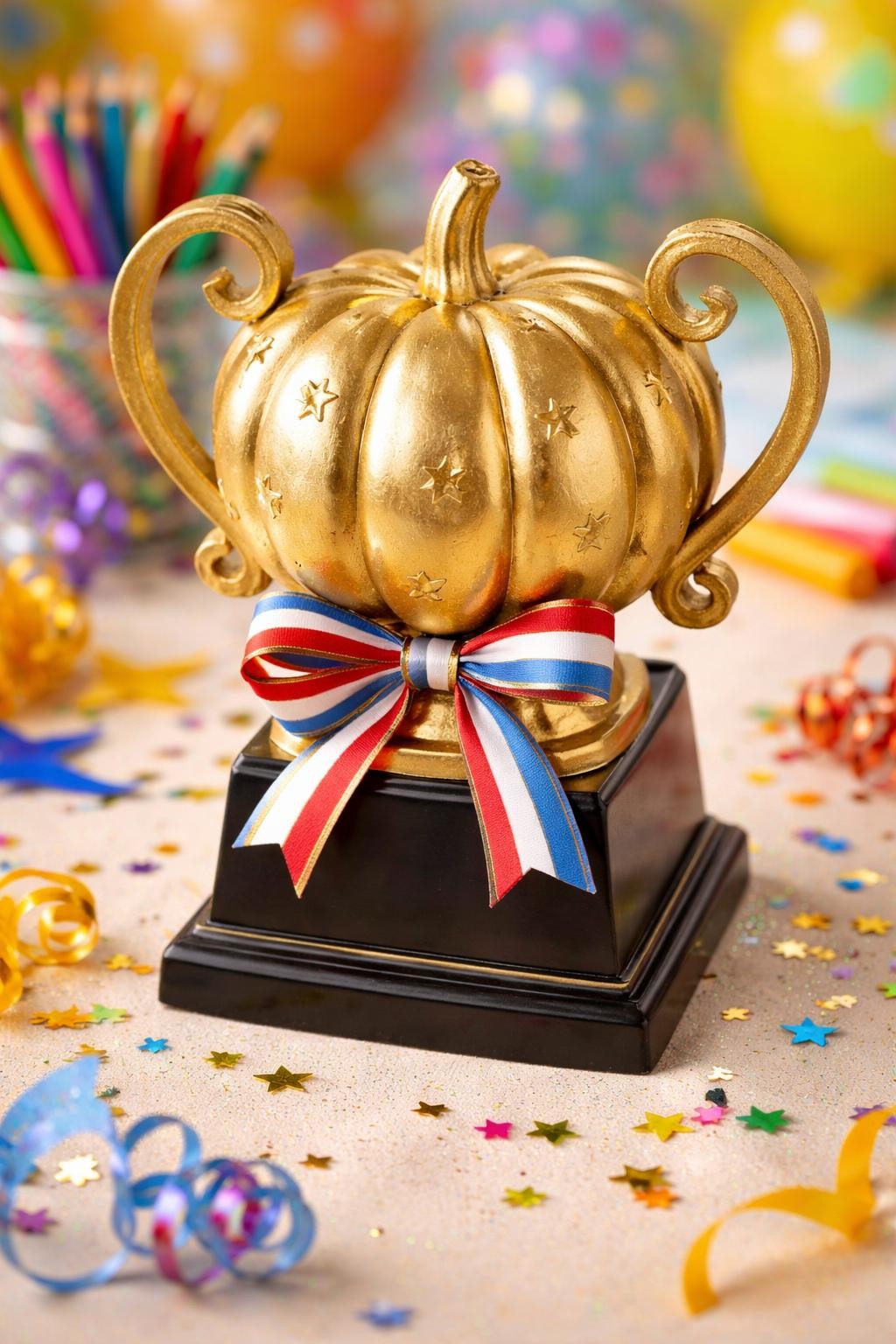Image Prompt: A gold-painted pumpkin designed as a school contest trophy, shiny metallic finish, two curved handles made from cardboard, black pedestal base, small stars around the surface, ribbon accents, confetti scattered around, bright award-table setting, realistic DSLR craft photography, polished handmade look, no people, no readable text.