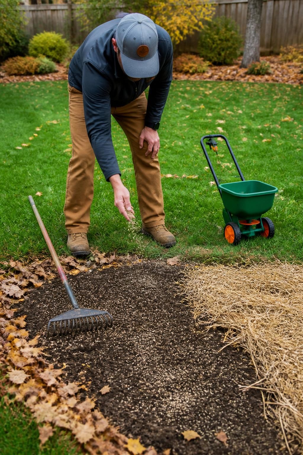 Image Prompt: A realistic fall lawn repair scene showing a homeowner spreading grass seed over a thin bare patch after loosening the soil with a metal rake, a small handheld seed spreader nearby, existing green grass surrounding the prepared area, fine seed visible against dark moist soil, a light layer of straw ready to be applied, scattered autumn leaves along the border, cool overcast daylight, authentic residential yard, practical DSLR garden photography, 50mm lens, highly detailed, no text.