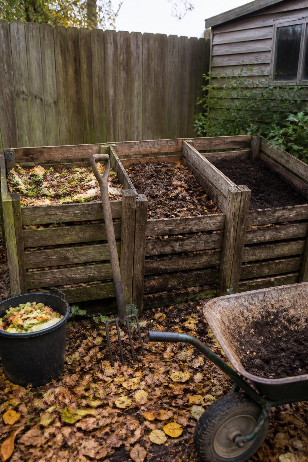 Image Prompt: A realistic backyard composting project featuring a newly assembled three-section compost bay made from weathered wooden pallets, one compartment holding fresh shredded leaves and vegetable scraps, one containing partially decomposed material, and one filled with dark finished compost, a garden fork, wheelbarrow, and bucket of kitchen scraps nearby, fallen autumn leaves across the ground, wooden fence and garden shed in the background, soft cloudy daylight, practical residential design, true-to-life compost textures, DSLR photography, 35mm lens, no text.