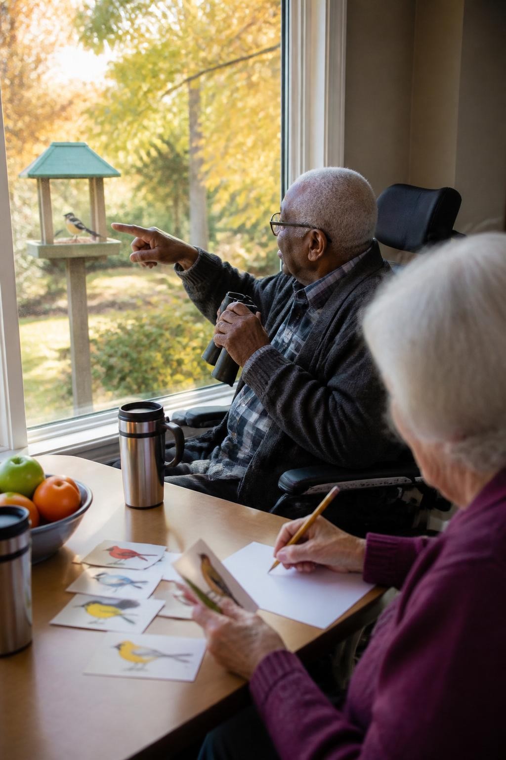 Image Prompt: A bright window seating area overlooking a garden bird feeder, older adults using lightweight binoculars and large-print bird picture cards, a Black senior man seated in a supportive chair pointing toward a small bird outside while another participant marks a blank observation sheet, thermos cups and a bowl of fruit nearby, golden leaves beyond the glass, soft morning light, calm editorial DSLR photography, no readable writing, no text.