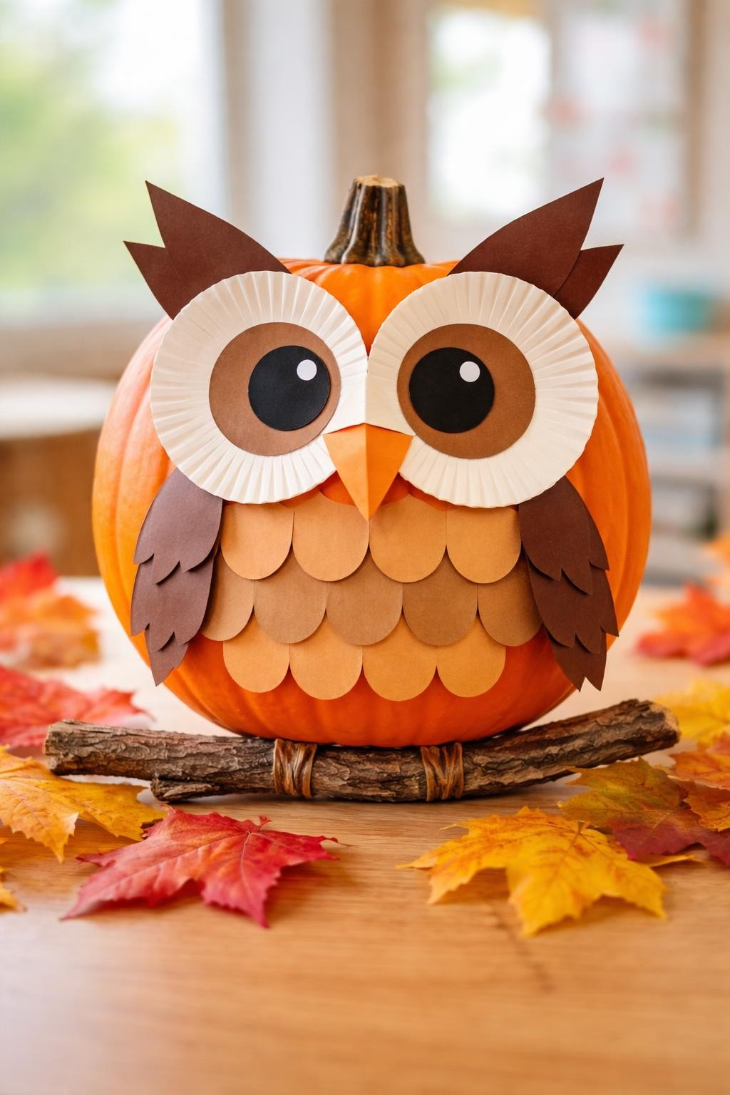 Image Prompt: A round orange pumpkin decorated as a cute owl, two paper plate circles layered into large white and brown eyes, folded orange paper beak, scalloped paper feathers across the chest, pointed brown paper ear tufts near the stem, pumpkin perched on a small twig, autumn leaves around the base, bright natural light, realistic DSLR craft photography, clean classroom-made details, no children, no text.