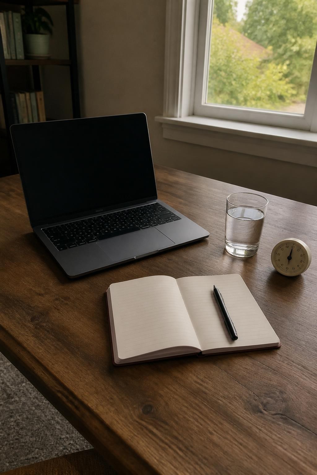 Image prompt: Calm home office desk prepared for focused work with only a laptop, one notebook, a pen, a glass of water, and a small analog timer visible, all other supplies stored away, photographed with natural iPhone photo quality, soft late-morning window light, realistic shadows and everyday furniture, uncluttered without looking empty or staged, no people, no logos, no watermarks on images.