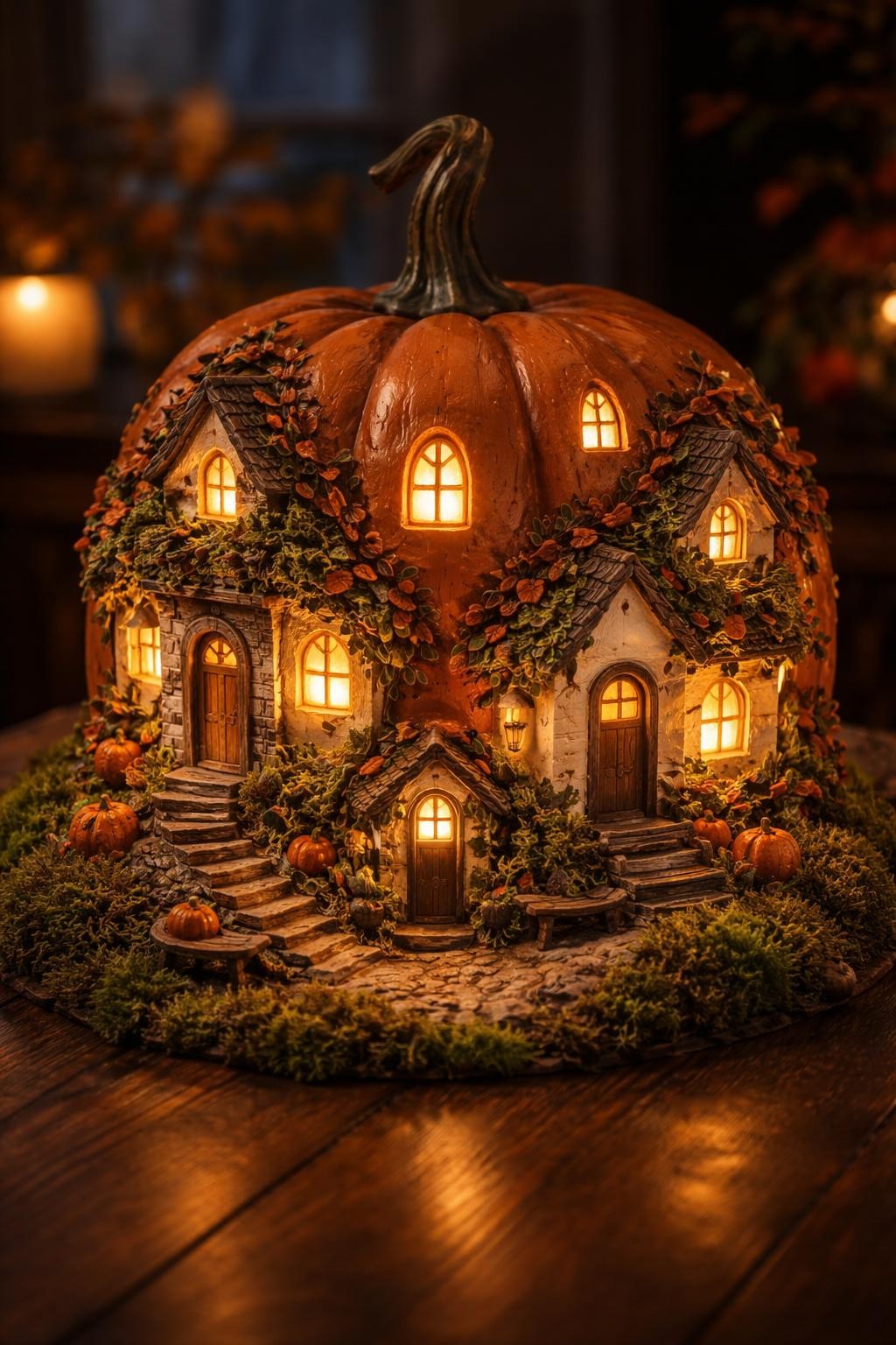 Image Prompt: A large hollow plastic pumpkin transformed into a glowing miniature autumn village, several tiny arched windows cut into the surface, warm golden lights shining through, hand-painted cream cottages wrapping around the pumpkin, miniature doors, shutters, climbing vines, tiny pumpkins and benches, faux moss around the base, polished handcrafted finish, dark wooden tabletop, soft evening lighting, realistic DSLR photography, sharp detail, no people, no text.