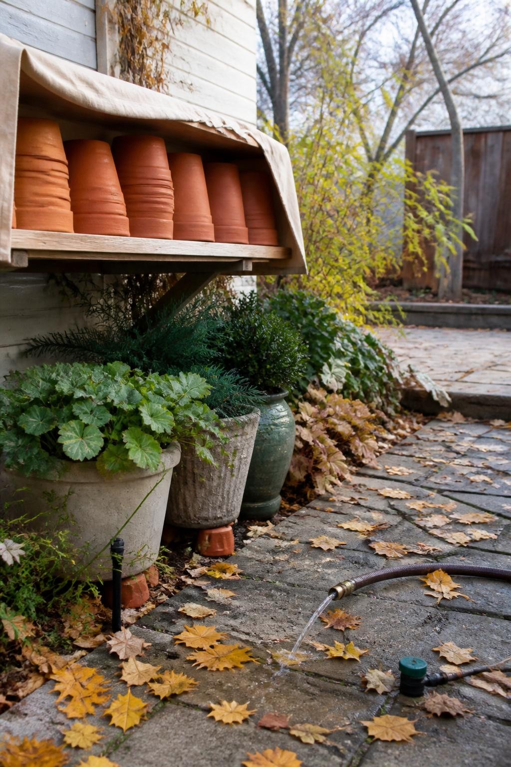 Image Prompt: A realistic patio and garden being prepared for winter, with clean terracotta pots stored upside down on a covered shelf, planted frost-resistant containers grouped against a sheltered wall and raised on pot feet, a hose disconnected and draining on a gentle slope, drip irrigation end caps opened, scattered amber leaves across the stone patio, cool clear daylight, accurate practical setup, editorial DSLR photography, 35mm lens, no text.