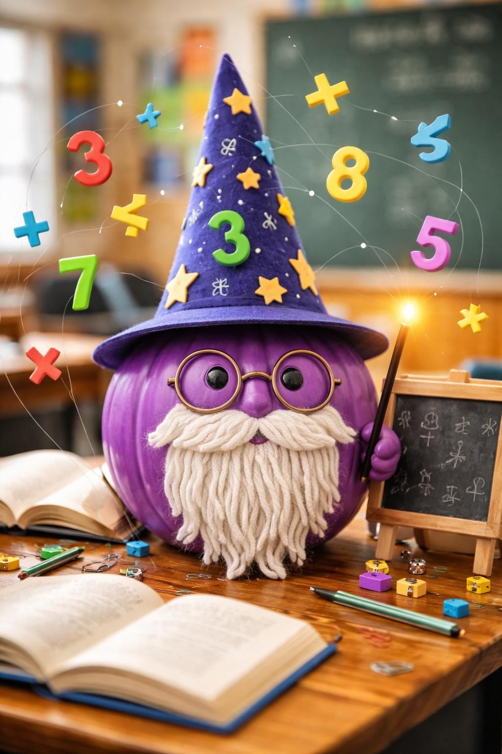 Image Prompt: A purple pumpkin decorated as a friendly math wizard, tall paper wizard hat with stars and number shapes, round glasses, white yarn beard, small wand, floating paper numbers and symbols around the pumpkin on thin wires, mini chalkboard nearby with no readable text, classroom fantasy theme, realistic DSLR photography, no people, no readable text.