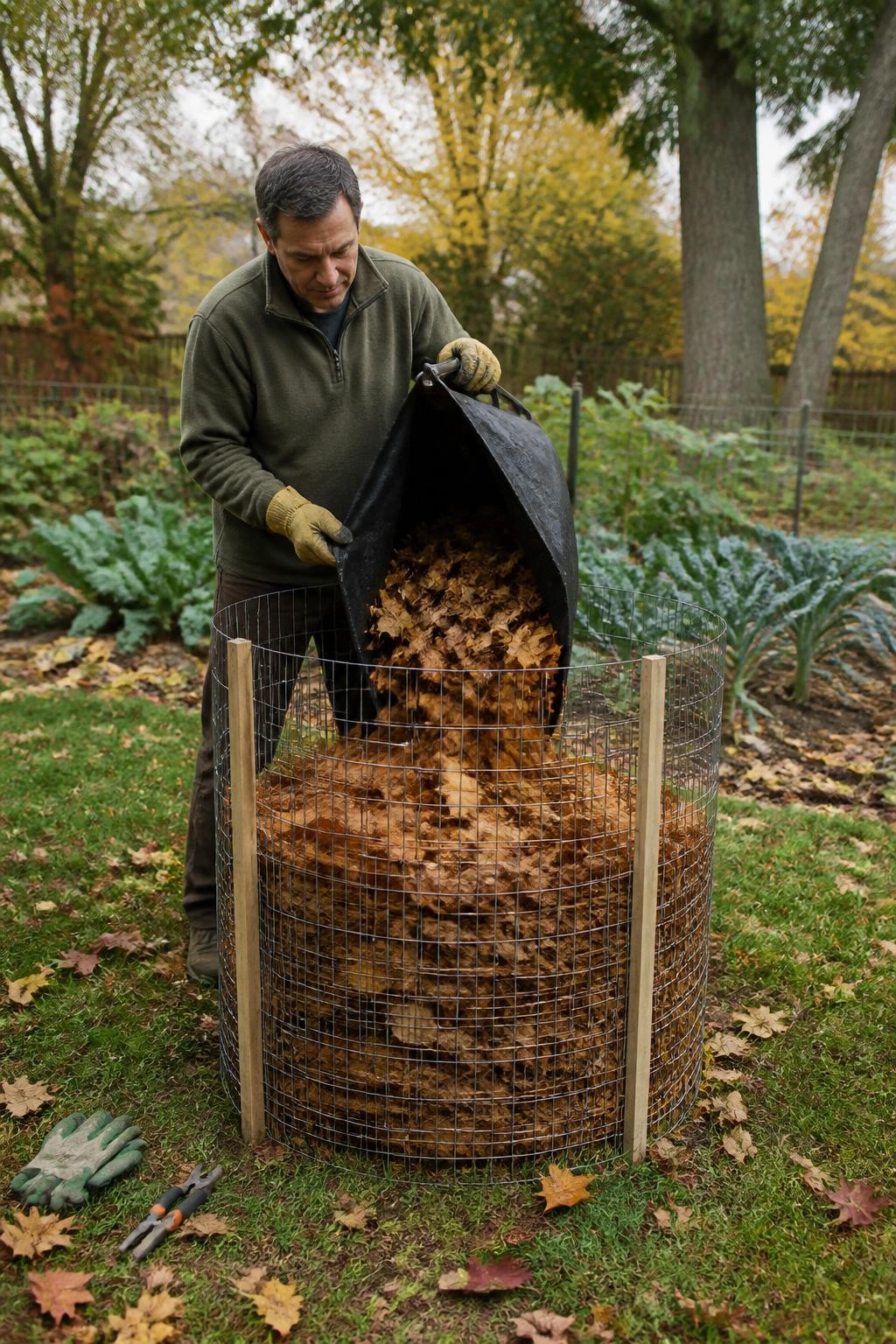 Image Prompt: A realistic autumn backyard showing a gardener constructing a round leaf mold cage from wire fencing secured with three wooden stakes, the cage partly filled with shredded brown, gold, and red leaves, a lawn mower bag releasing another batch of chopped leaves inside, garden gloves and wire cutters nearby, mature trees and vegetable beds softly blurred in the background, natural scattered leaves across the grass, overcast afternoon daylight, achievable home garden project, DSLR photography, 50mm lens, no text.