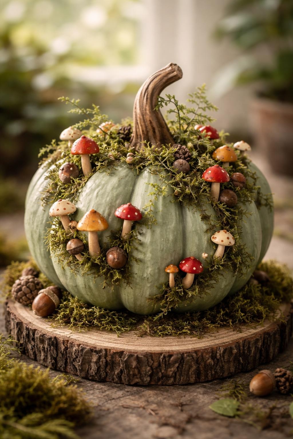 Image Prompt: A muted sage pumpkin transformed into a miniature mushroom garden without carving, tiny red, cream, mustard, and brown clay mushrooms attached across the surface, faux moss tucked between them, miniature ferns, acorns, and delicate vines climbing toward the stem, displayed on a natural wood slice, whimsical woodland styling, soft morning light, realistic DSLR craft photography, crisp handmade details, no people, no text.