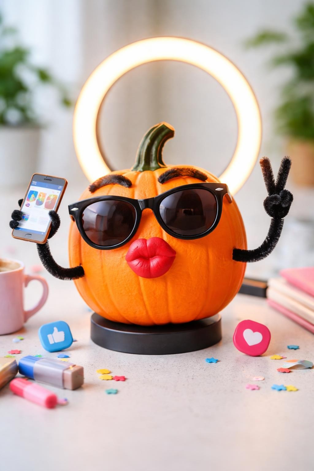 Image Prompt: A cheerful orange pumpkin with puckered painted lips, raised felt eyebrows, oversized sunglasses, one pipe-cleaner arm holding a tiny cardboard smartphone at an angle, second arm making a peace sign, small ring light prop behind it, playful social media parody, bright modern tabletop styling, realistic DSLR photography, clean sharp details, no people, no readable text.