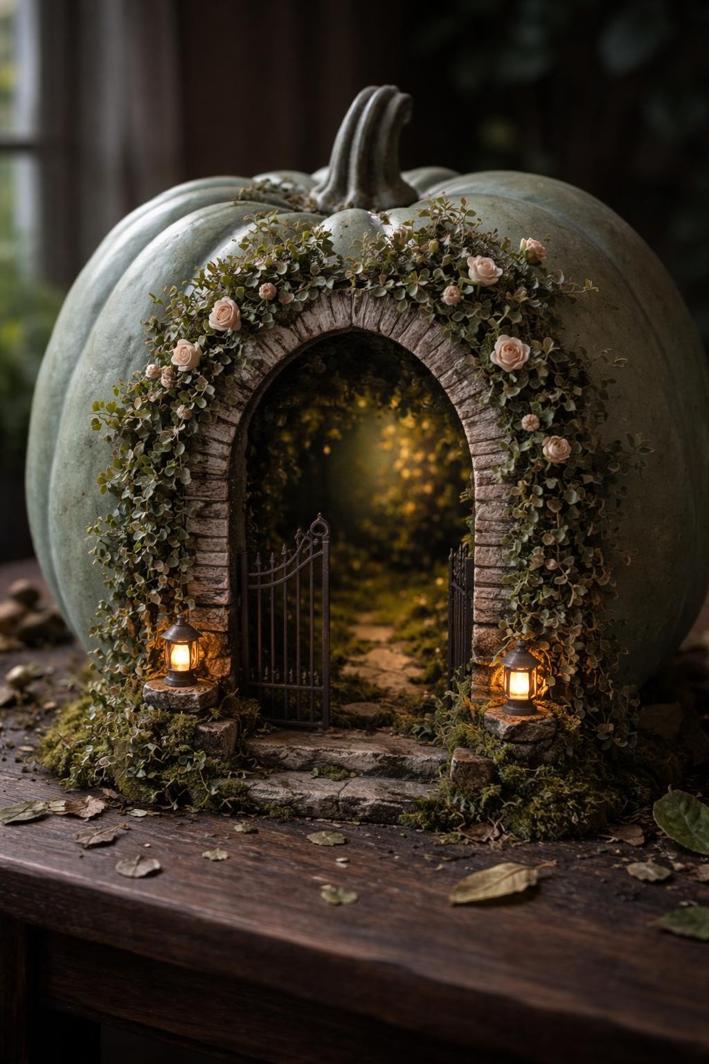 Image Prompt: A large muted sage foam pumpkin transformed into a secret garden entrance, tall arched opening carved into the front, miniature black iron gate standing slightly open, stone-textured frame covered with climbing ivy and tiny blush roses, mossy path disappearing into a dark glowing garden interior, small lanterns beside the gate, weathered antique finish, displayed on a dark wooden table with scattered leaves, soft moody window light, realistic DSLR craft photography, sharp miniature details, no people, no text.