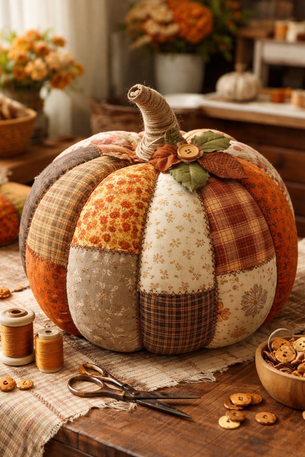 Image Prompt: A large plastic pumpkin covered in neatly fitted patchwork fabric sections, mixed autumn prints including plaid, florals, checks, tiny leaves, and warm neutral patterns, visible decorative stitching along each ridge, wrapped jute stem, small wooden buttons and fabric leaves, cozy sewing-room setting, soft natural light, realistic DSLR photography, rich fabric texture, no people, no text.
