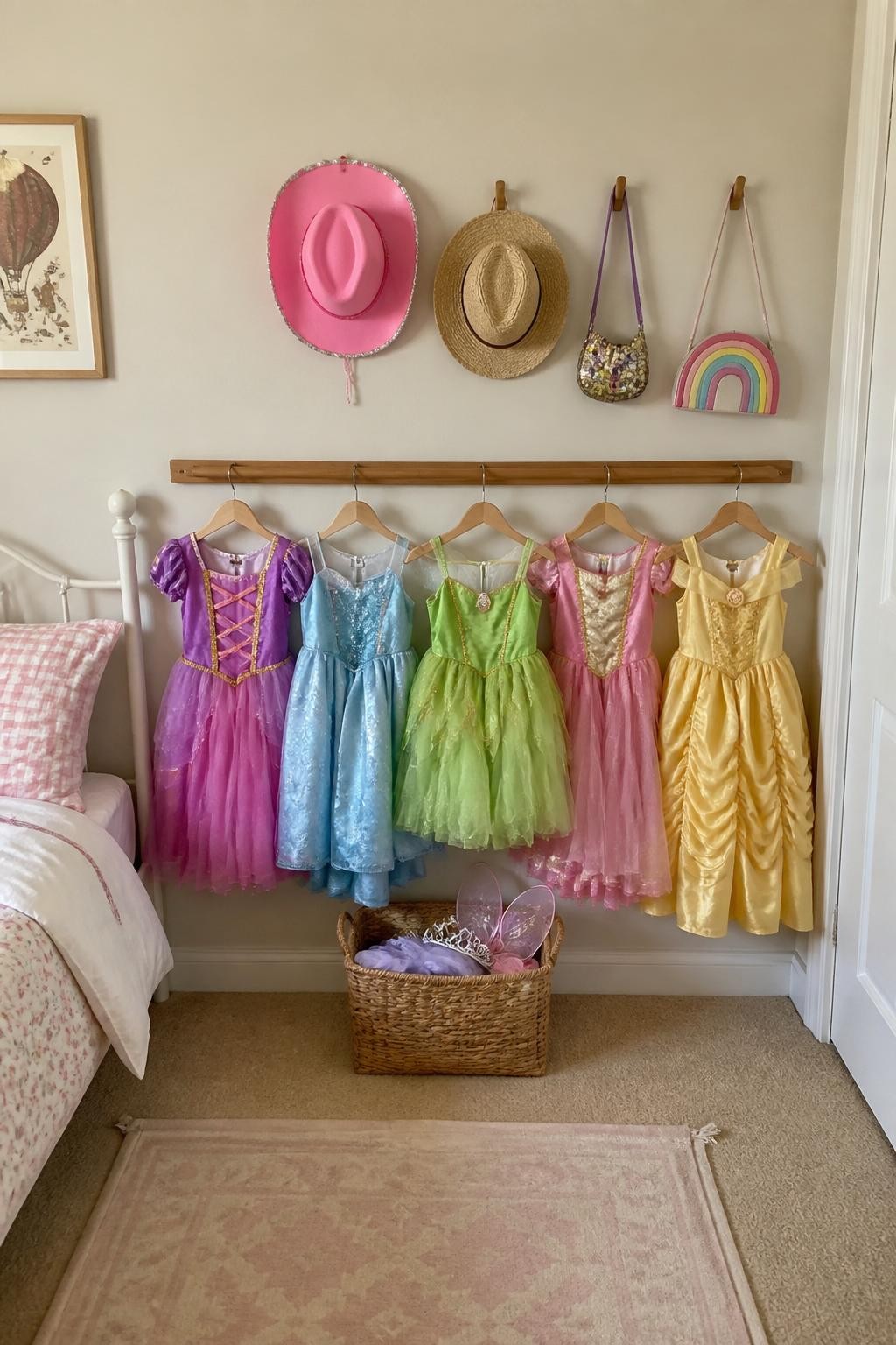Image prompt: A small bedroom wall arranged as a children’s dress-up station with a low wooden rail holding five costumes, wall hooks holding hats and small bags, and one basket below containing soft accessories, photographed with natural iPhone photo quality, warm daylight, believable fabric textures and slightly wrinkled costumes, tidy everyday home, no child models, no brand logos, no watermarks on images.