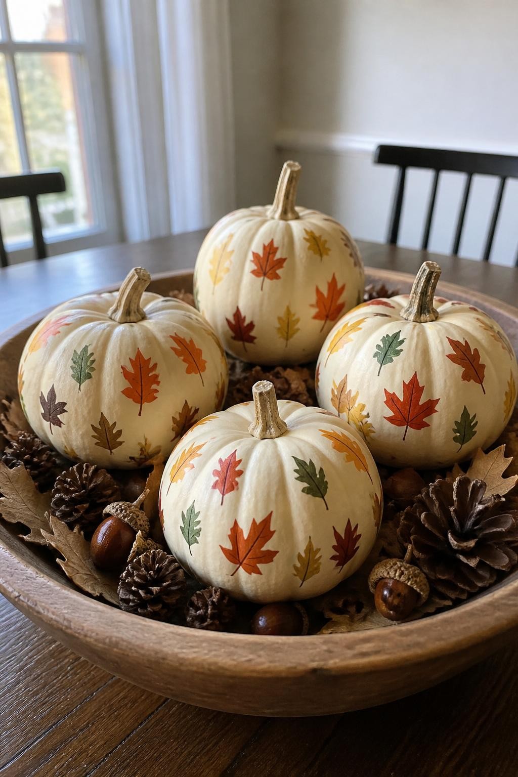 Horizontal 16:9 casual iPhone photo of four pale cream mini pumpkins painted with small scattered autumn leaves in burnt orange, olive green, burgundy, mustard yellow, and brown, leaves varying slightly in shape and direction, arranged inside a shallow wooden bowl with real acorns, pinecones, and dried oak leaves, placed on a dining table near a window, soft overcast daylight, handmade brush texture, realistic fall home, no text.