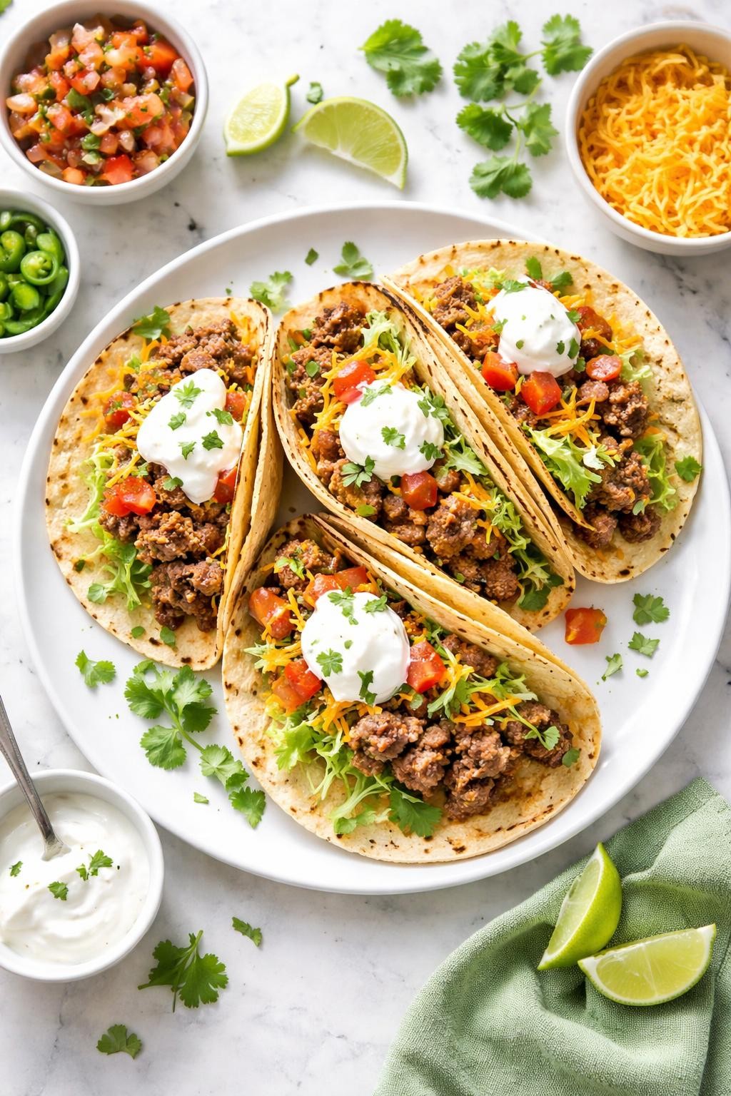 Prompt: Top-down realistic editorial food photography of leftover meatloaf tacos on a clean light marble countertop, warm tortillas filled with crumbled meatloaf, shredded lettuce, diced tomatoes, cheese, and sour cream, colorful easy homemade taco night presentation, bright natural daylight, soft shadows, clean composition, high detail, realistic food texture, no people, no hands, no text, no watermarks, no props with writing.