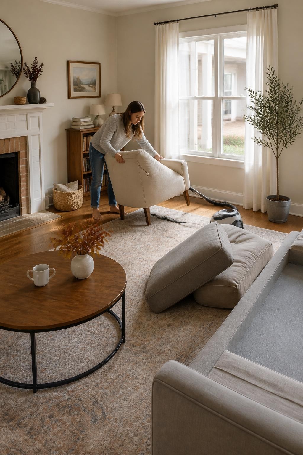 Image Prompt: A highly realistic wide-angle photograph of a cozy living room halfway through a fall deep clean, with a woman moving a lightweight armchair to vacuum beneath it, sofa cushions removed and arranged nearby, a slim vacuum cleaner reaching along the baseboards, clean coffee table with only a ceramic mug and small vase of autumn branches, natural sunlight, subtle shadows beneath furniture, accurate room scale, realistic skin and hair texture, believable household details, professional DSLR shot with a 28mm lens, editorial home photography, warm but not orange color grading, no distorted furniture, no text, no watermarks on images.