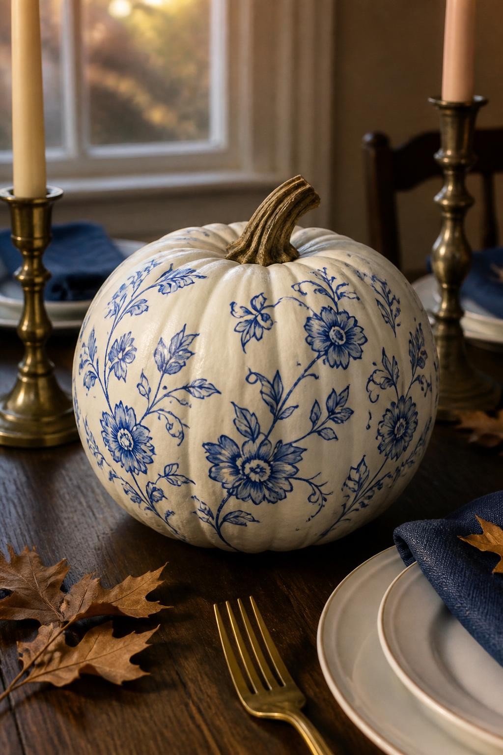 Horizontal 16:9 iPhone photo of a real white pumpkin decorated with fine hand-painted cobalt blue flowers, leaves, and curling vines inspired by vintage ceramic pottery, natural brown stem left unpainted, sitting on a dark wooden dining table beside simple white plates, blue linen napkins, brass candlesticks, and a few dried oak leaves, soft evening window light, realistic shadows, visible paint texture, elegant but approachable home decor, no glossy artificial finish, no text.