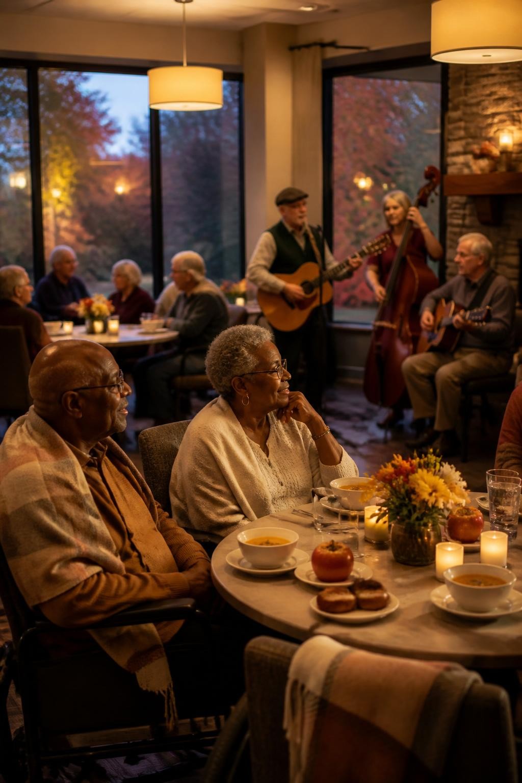 Image Prompt: A warm community dining room on a cool fall evening, older adults seated at round tables enjoying bowls of soup, fresh bread and baked apples while a small acoustic music group performs nearby, a Black senior couple wrapped in light shawls listening from an accessible table, battery candles, low flower arrangements and blankets placed safely around the room, warm pendant lighting, natural conversation and attentive expressions, editorial DSLR lifestyle photography, no text.