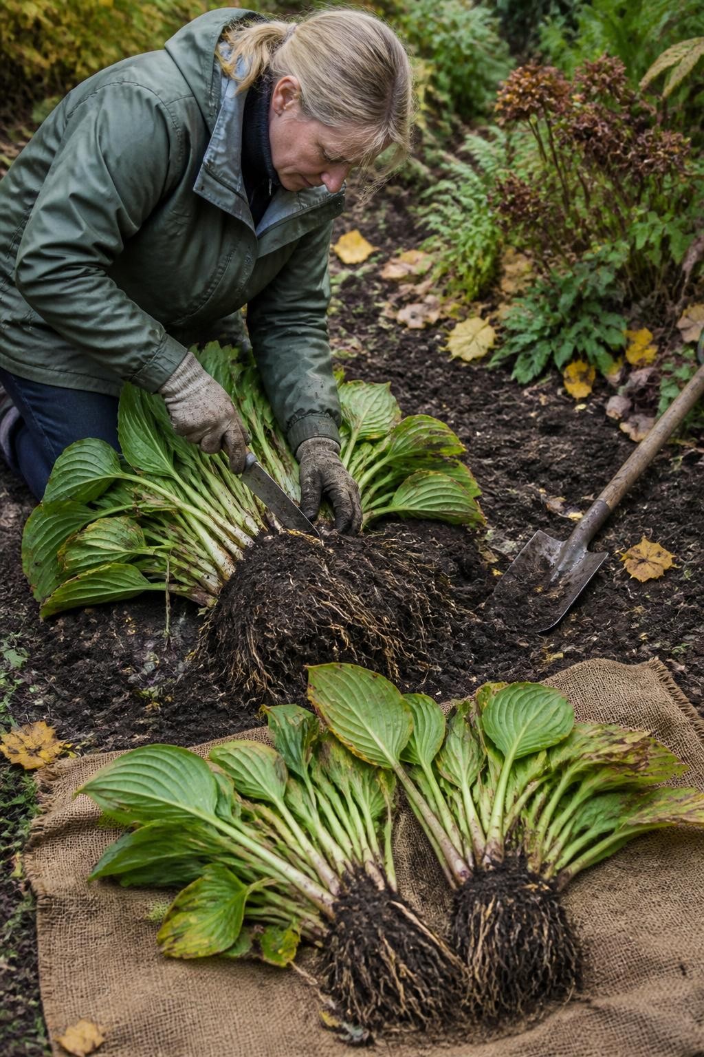 Image Prompt: A realistic gardener dividing an established clump of hosta in a cool autumn garden, the mature plant lifted from the soil with visible roots and natural dirt, a sharp garden spade separating the root mass into healthy sections, two divided pieces waiting on a burlap sack, nearby shaded border with ferns and fading perennials, scattered yellow leaves, soft diffused daylight, practical backyard gardening scene, accurate plant anatomy, slightly muddy gloves and tools, human DSLR photography, 50mm lens, no text.