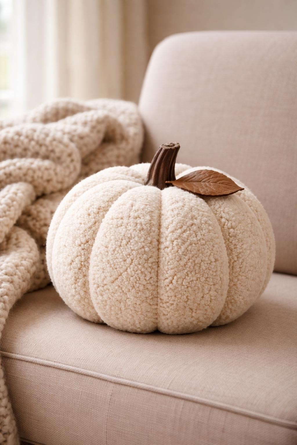 Image Prompt: A round white pumpkin fully covered in soft cream bouclé fabric, natural ridges still visible beneath the fitted material, short walnut-brown stem, small leather leaf detail, placed on a neutral upholstered chair beside a chunky knit blanket, warm minimalist interior, diffused window light, realistic DSLR photography, rich tactile fabric texture, no people, no text.