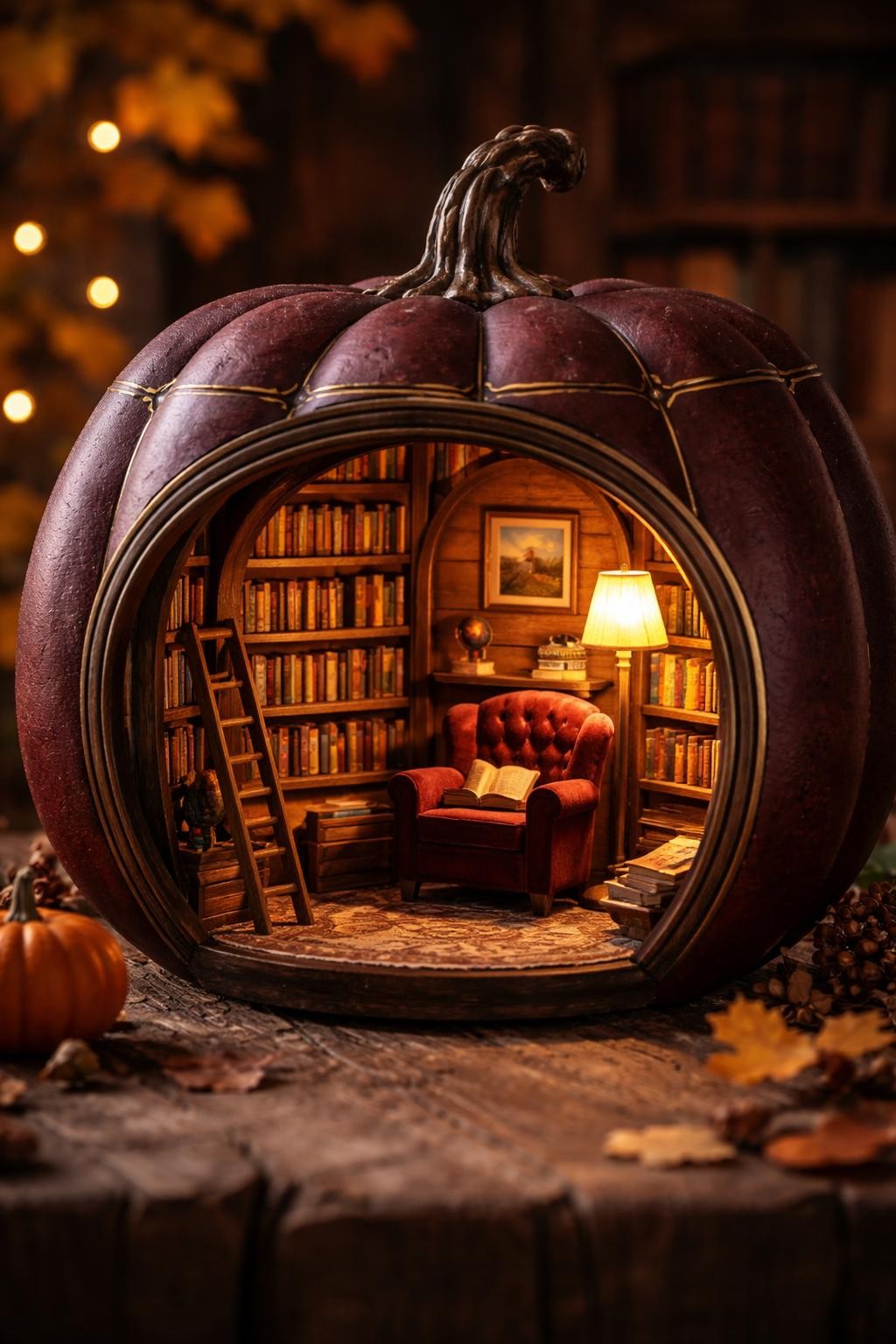 Image Prompt: A large burgundy foam pumpkin carved into a miniature hidden library, wide arched opening revealing curved bookshelves filled with tiny colorful books, miniature velvet armchair, glowing floor lamp, small ladder, patterned rug, framed artwork, warm amber interior lighting, outside painted like dark wood paneling with gold trim, cozy literary atmosphere, realistic DSLR craft photography, highly detailed miniature scene, no people, no readable text.
