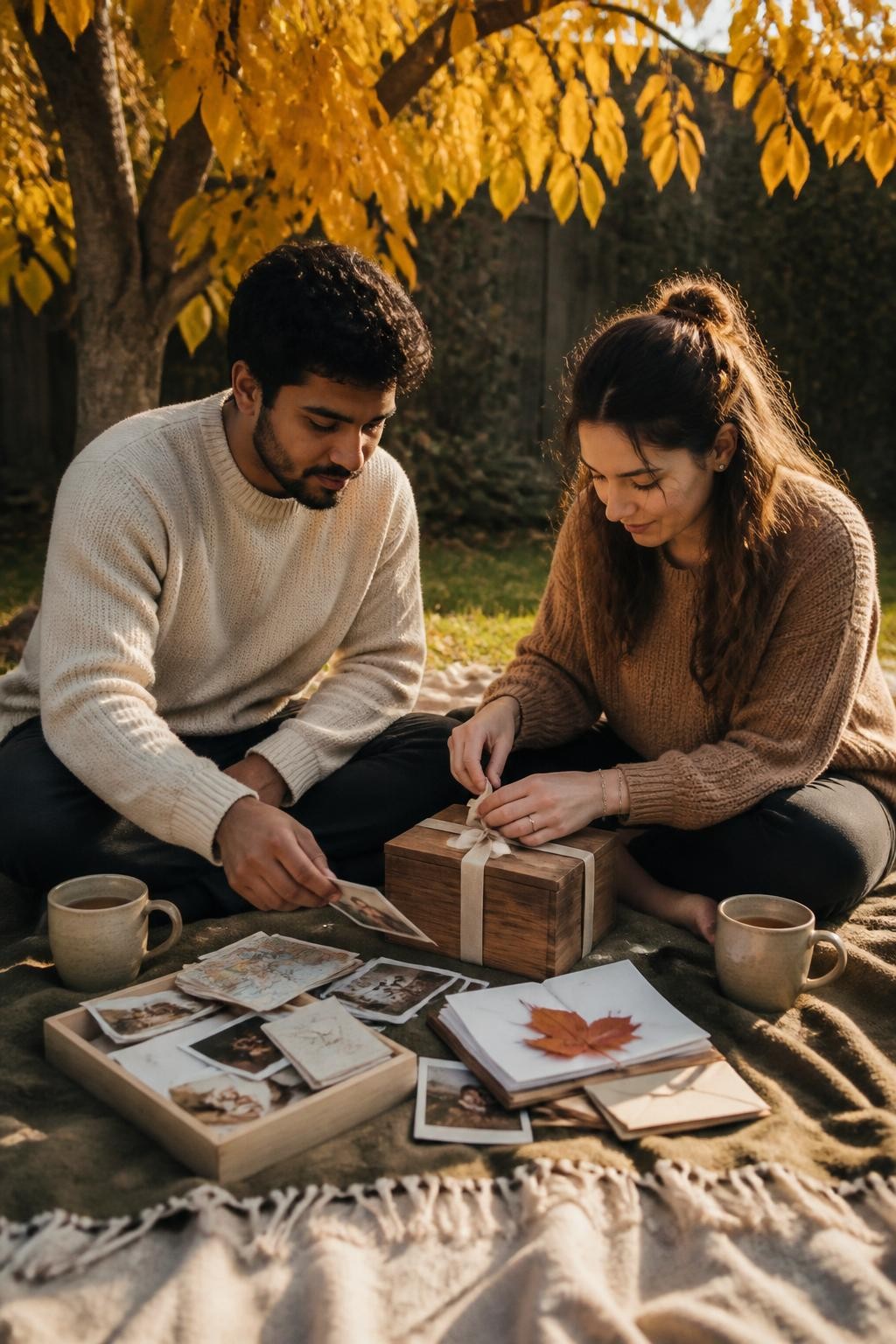 Image Prompt: A couple seated on a thick blanket in a quiet backyard beneath a golden-leaved tree, assembling a small wooden memory box with printed photos, ticket stubs, handwritten cards, a pressed leaf, a tiny map and sealed envelopes, one partner with medium-brown skin wearing a cream sweater while the other ties the box with cotton ribbon, mugs of tea nearby, soft late-afternoon sunlight, natural skin texture, imperfect paper edges and realistic fabric folds, warm editorial DSLR lifestyle photography, no readable writing, no text overlay.