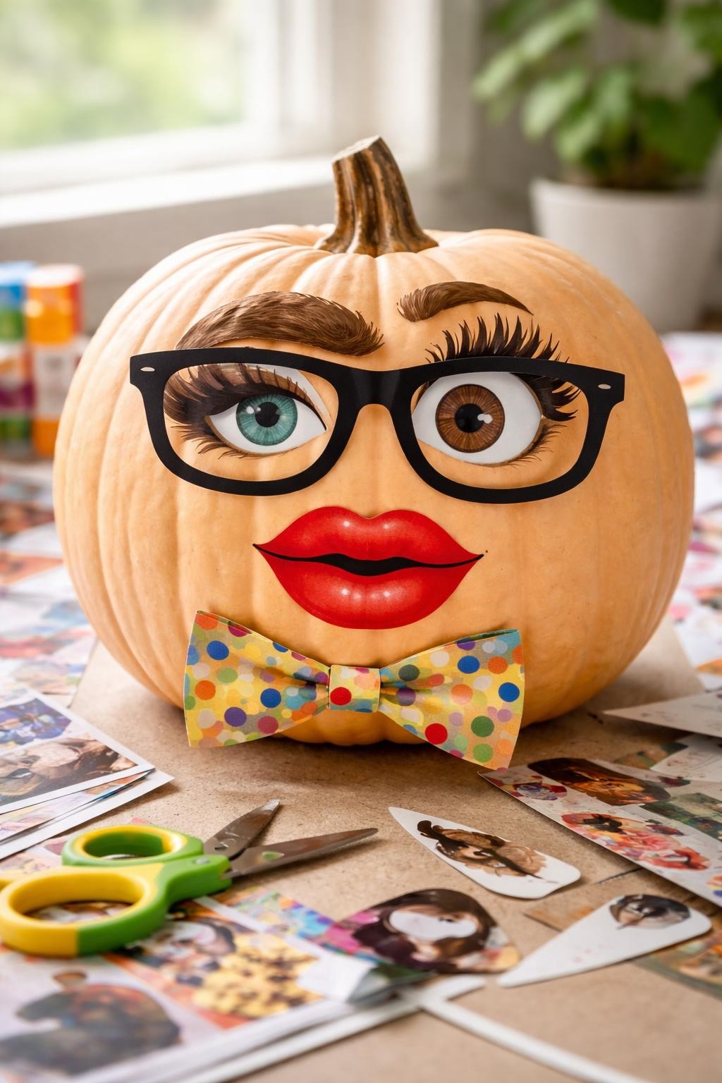 Image Prompt: A pale orange pumpkin decorated with a funny collage face made from magazine cutouts, mismatched printed eyes, bright red lips, one large eyebrow, paper glasses, patterned bow tie, playful mixed-media expression, magazines and safe scissors arranged on a craft table, bright natural light, realistic DSLR photography, crisp paper edges, no people, no readable text.