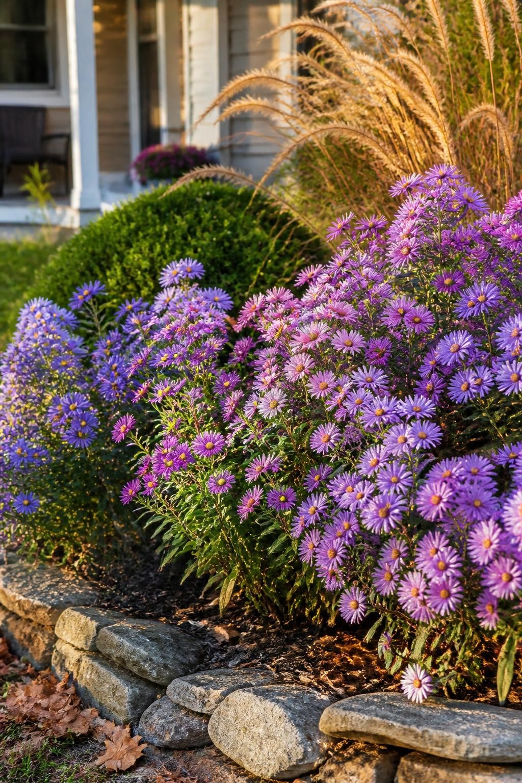 Image Prompt: A realistic front-yard perennial border in fall filled with purple, lavender, blue, and soft pink asters, planted behind a low stone edging with ornamental grasses and compact evergreen shrubs nearby, several bees visiting the yellow-centered flowers, natural branching stems and uneven bloom stages, a few fallen leaves around the plants, warm low-angle afternoon sunlight, attractive but achievable home landscaping, documentary-style DSLR photography, 70mm lens, highly detailed, no text.