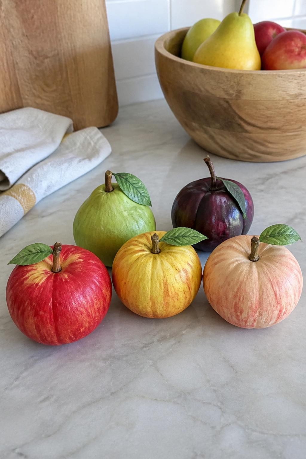 Horizontal 16:9 iPhone photograph of five real mini pumpkins painted to resemble small fall fruits, including a red apple, green pear, golden apple, dark plum, and pale peach, natural pumpkin stems incorporated into each design, a few simple painted leaves, arranged on a kitchen counter beside a wooden fruit bowl, folded linen towel, and cutting board, natural afternoon daylight, realistic handmade paint, recognizable but not cartoonish, no text.